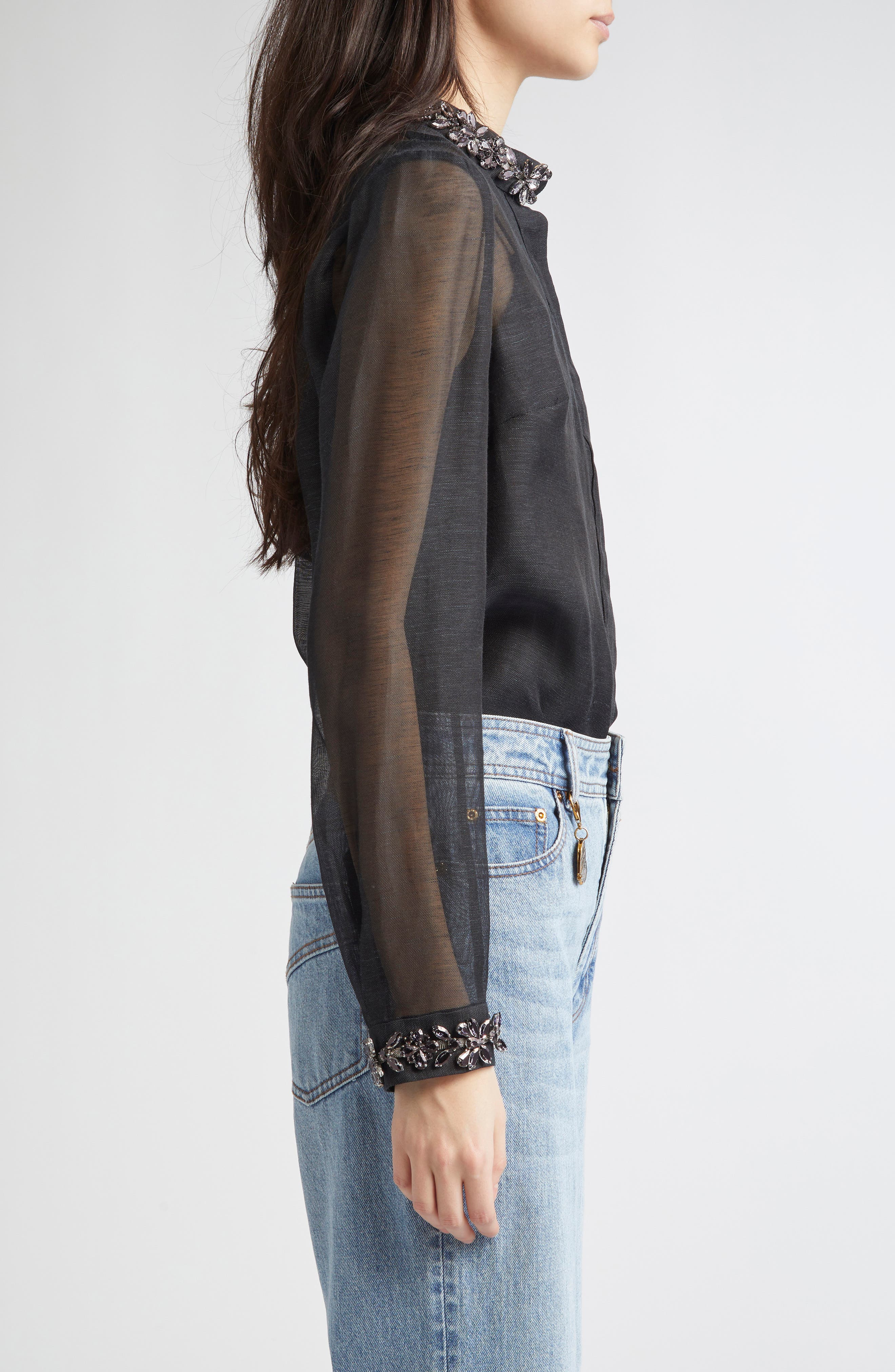 Zimmermann Hypnotic Crystal Embellished Sheer Linen & Silk Button-Up Shirt in Black at Nordstrom - 4