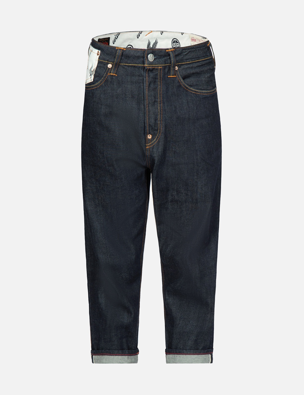 KAMON AND EAGLE-PATTERN BRUSHSTROKE DAICOCK PRINT CROPPED-FIT JEANS #2027 - 1