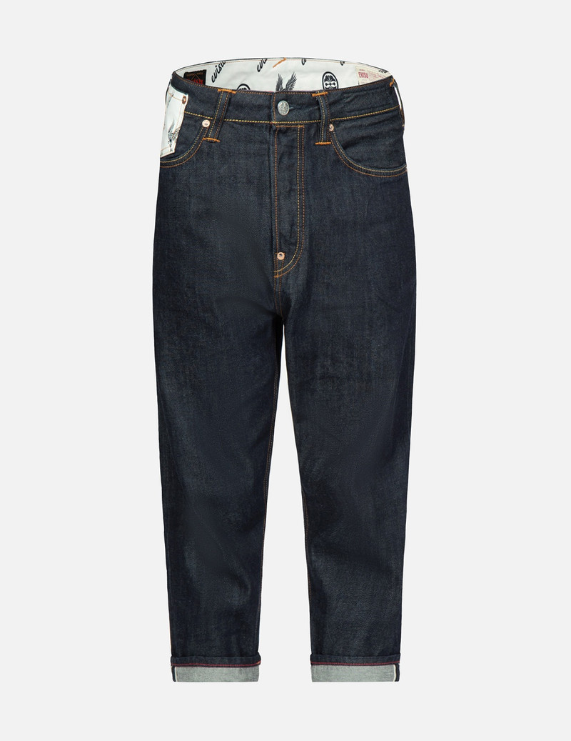 KAMON AND EAGLE-PATTERN BRUSHSTROKE DAICOCK PRINT CROPPED-FIT JEANS #2027 1