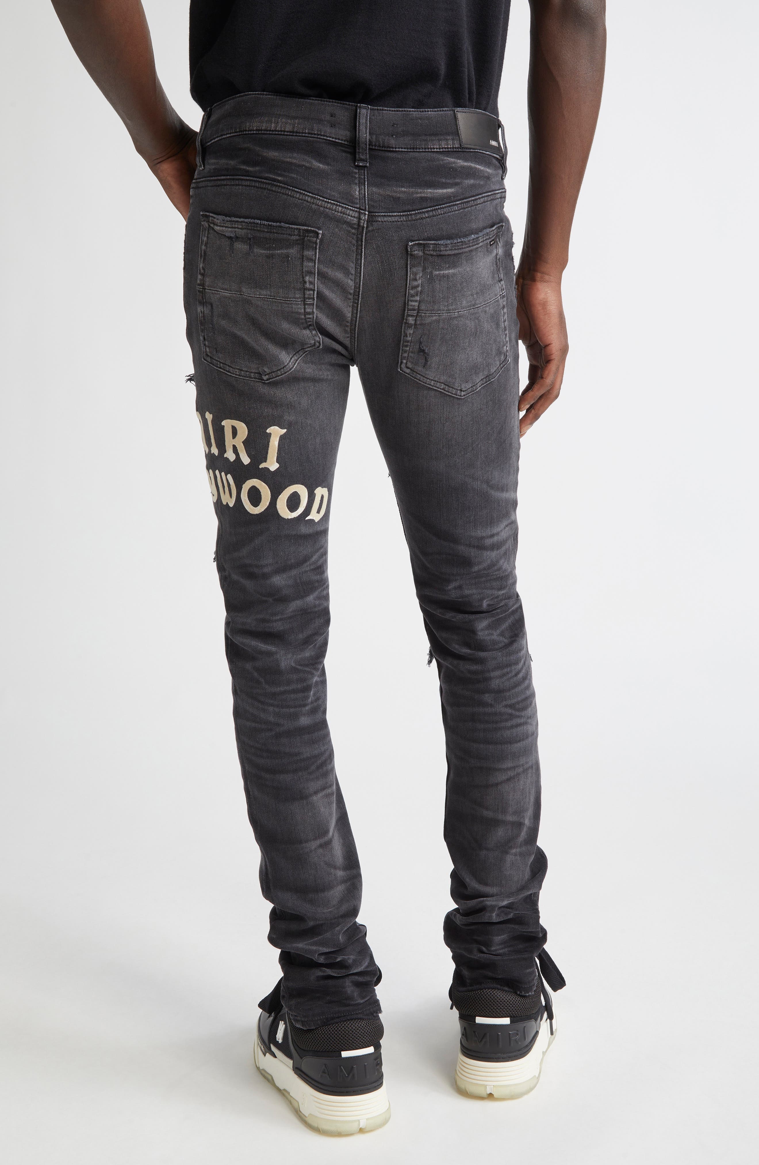 AMIRI Hollywood Appliqué Rip & Repair Slim Fit Jeans in Faded Black at Nordstrom - 3