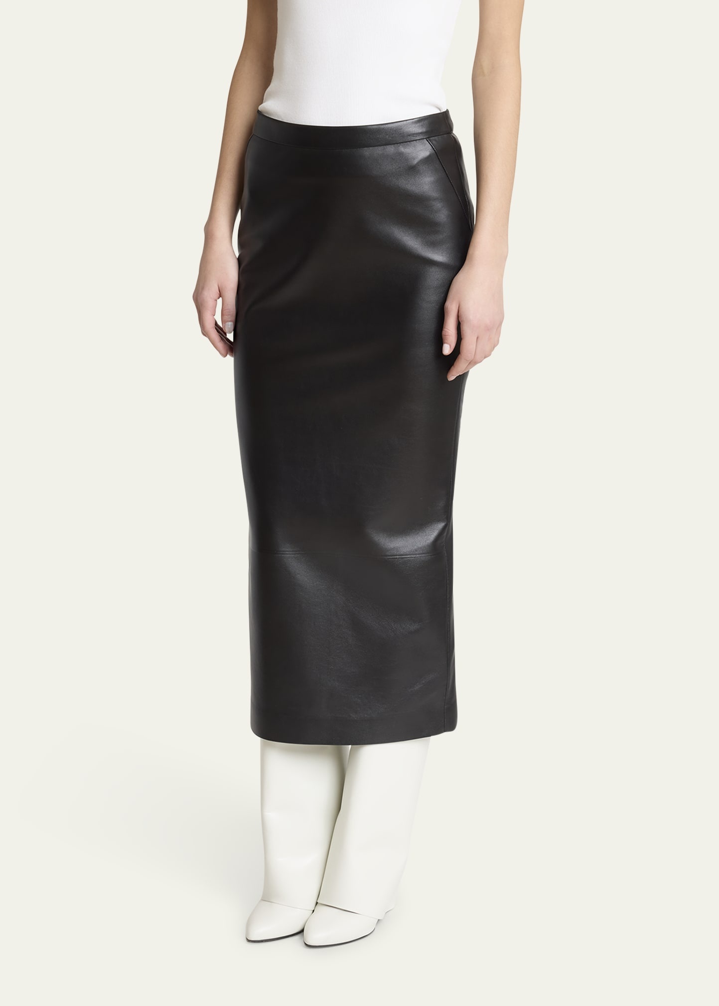 Leather Godet-Back Midi Pencil Skirt - 4