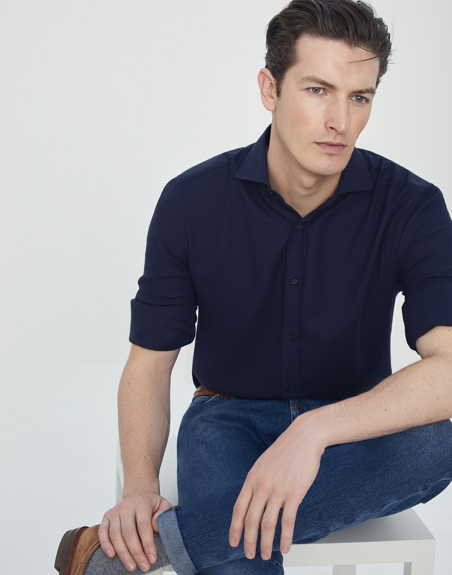 Cotton and cashmere twill basic fit shirt with spread collar - 4