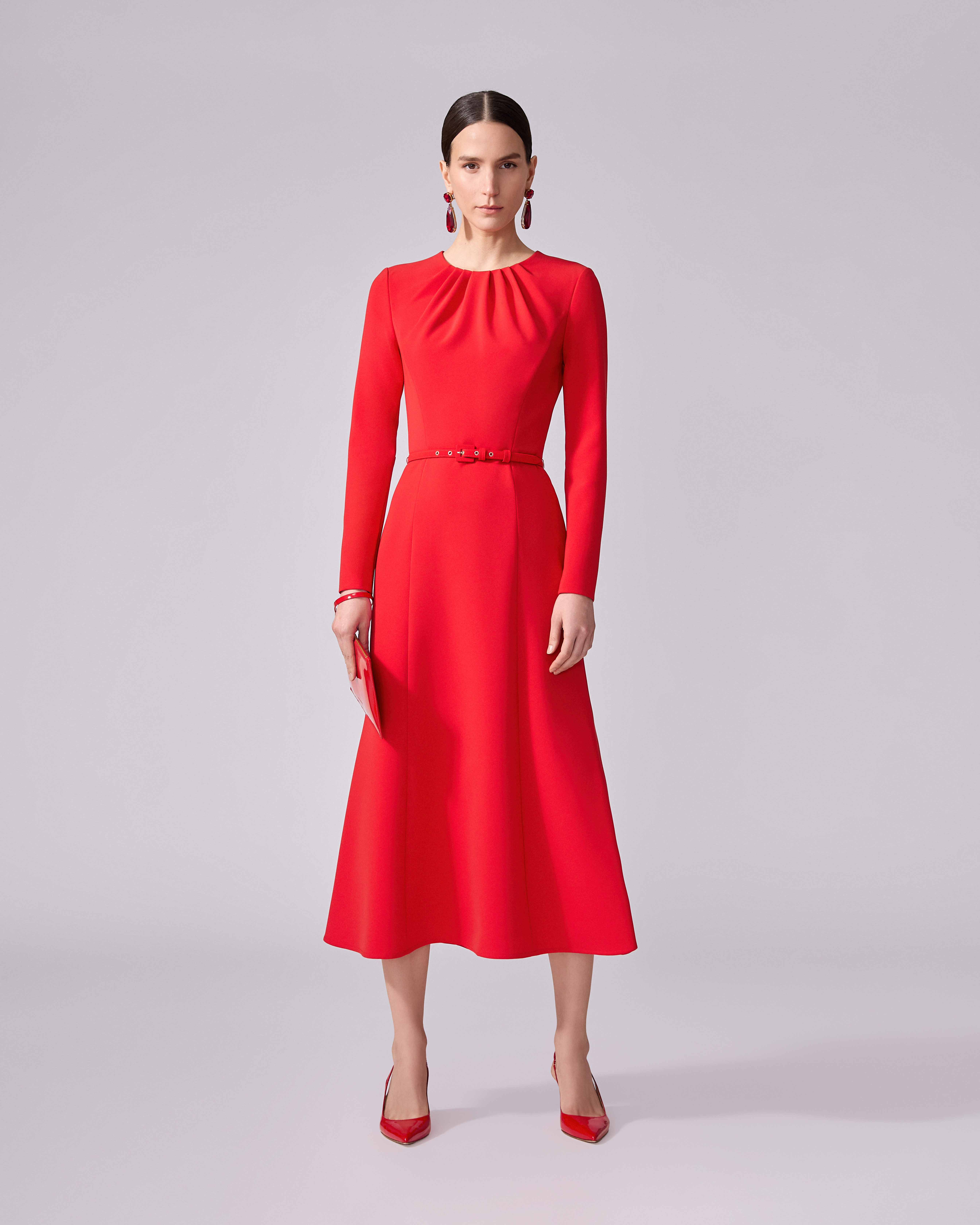 Gathered Midi Dress with Belt - 2