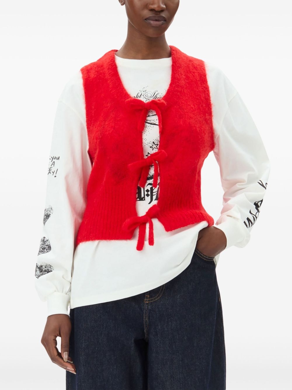 bow detailing sleeveless vest - 5