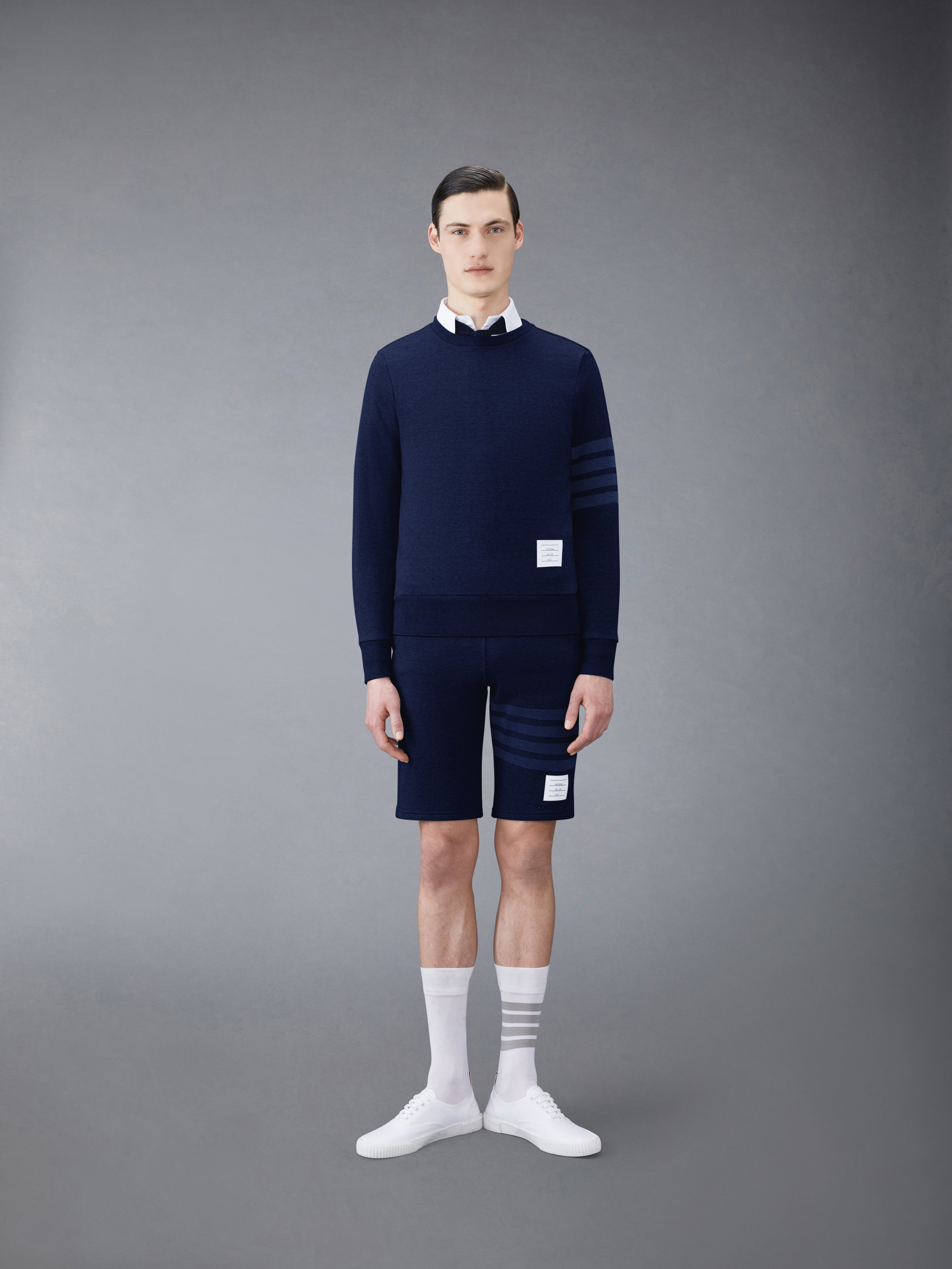 Navy Cotton Loopback Tonal 4-Bar Sweat Shorts - 4