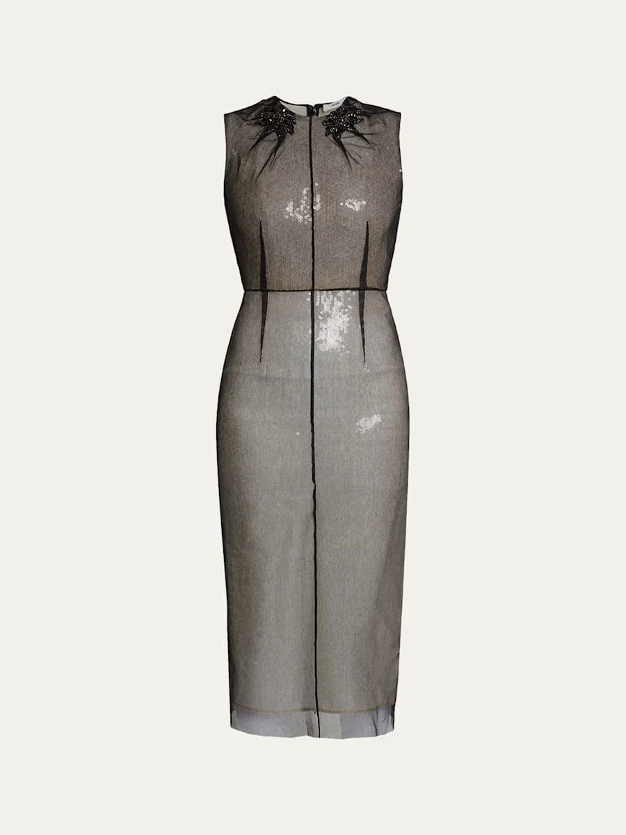 Embellished Organza Sleeveless Sequin Midi Dress - 1