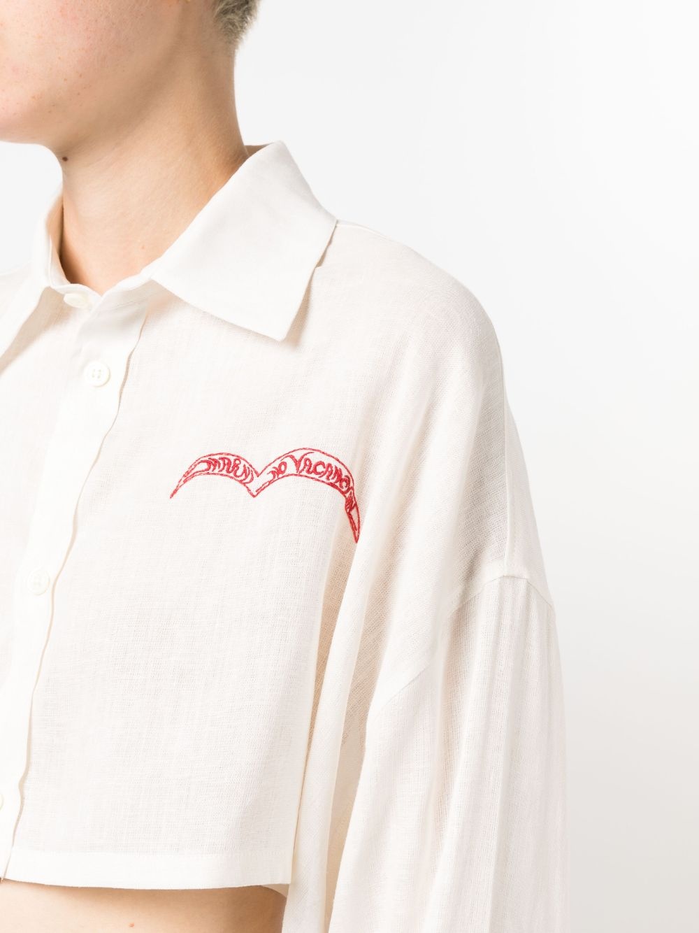 slogan-embroidered long-sleeve cropped shirt - 6