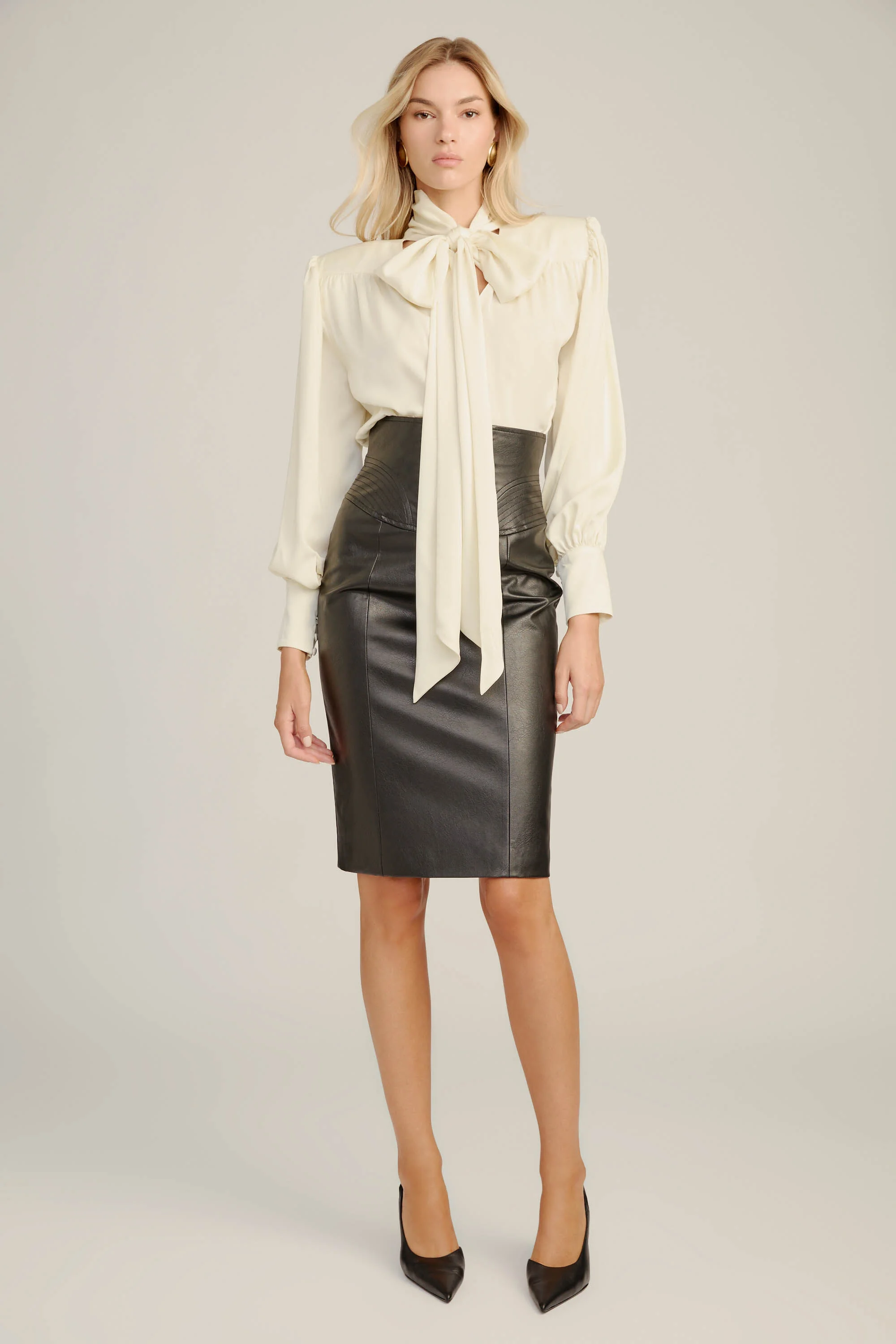 Revana Satin Tie Neck Blouse In Ivory - 1