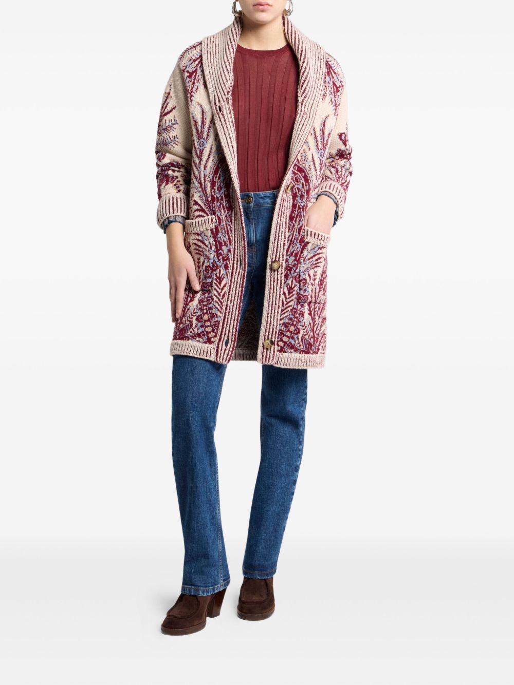 floral-jacquard button-fastening coat - 2