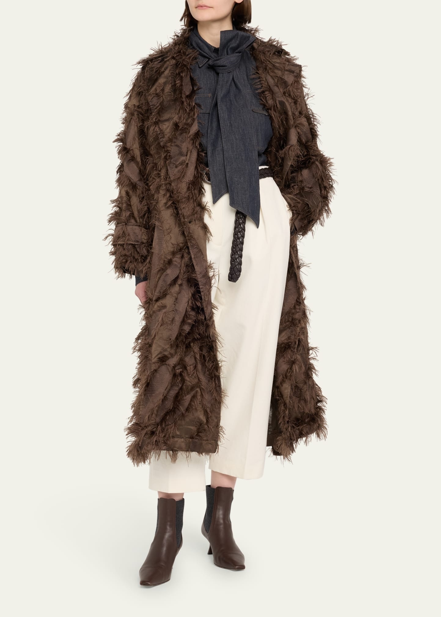 Fil Coupe Jacquard Fringe Belted Trench Coat - 4
