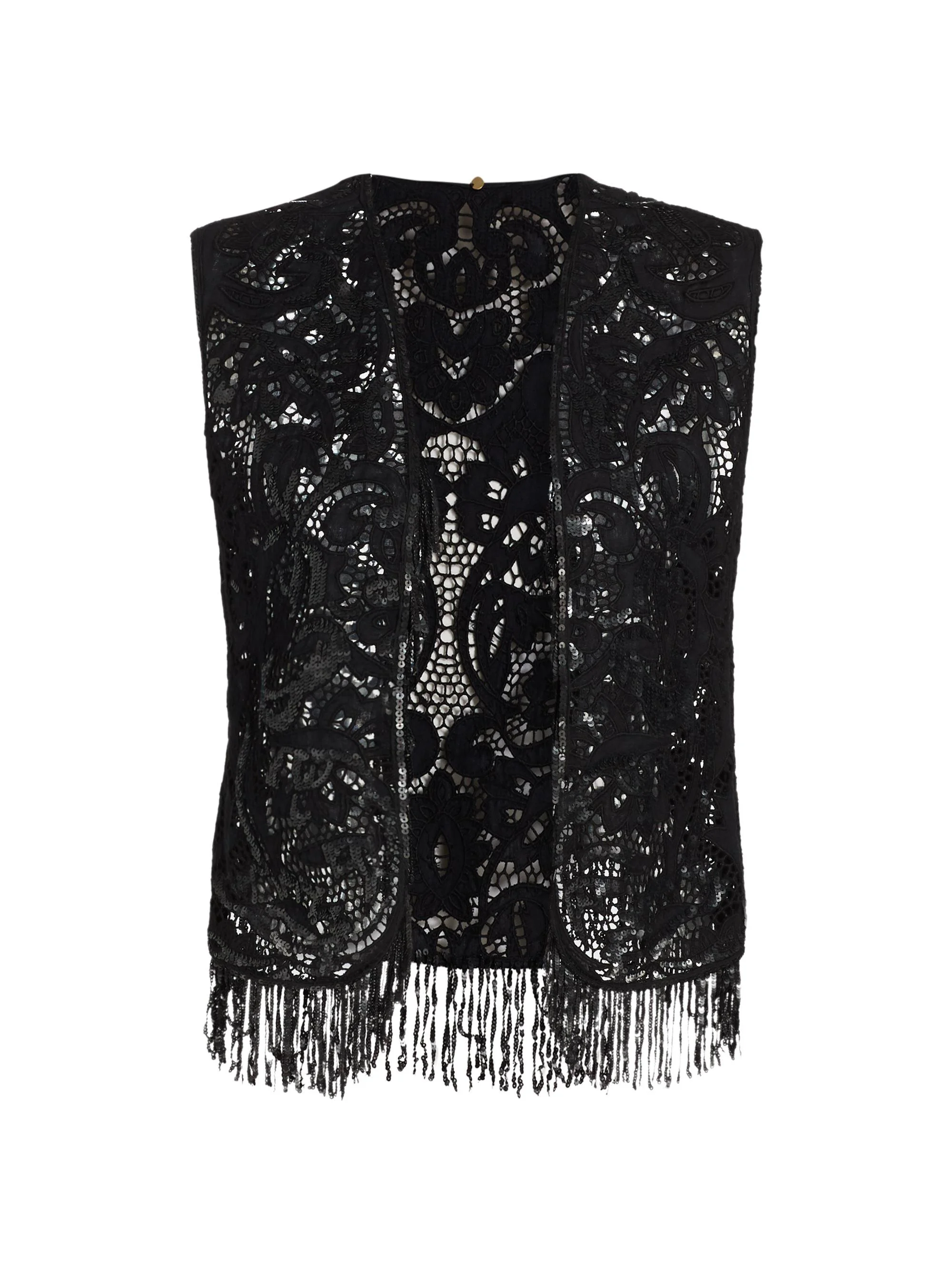 Women's Maeve Sequined Lace Fringe Vest - Black - 1