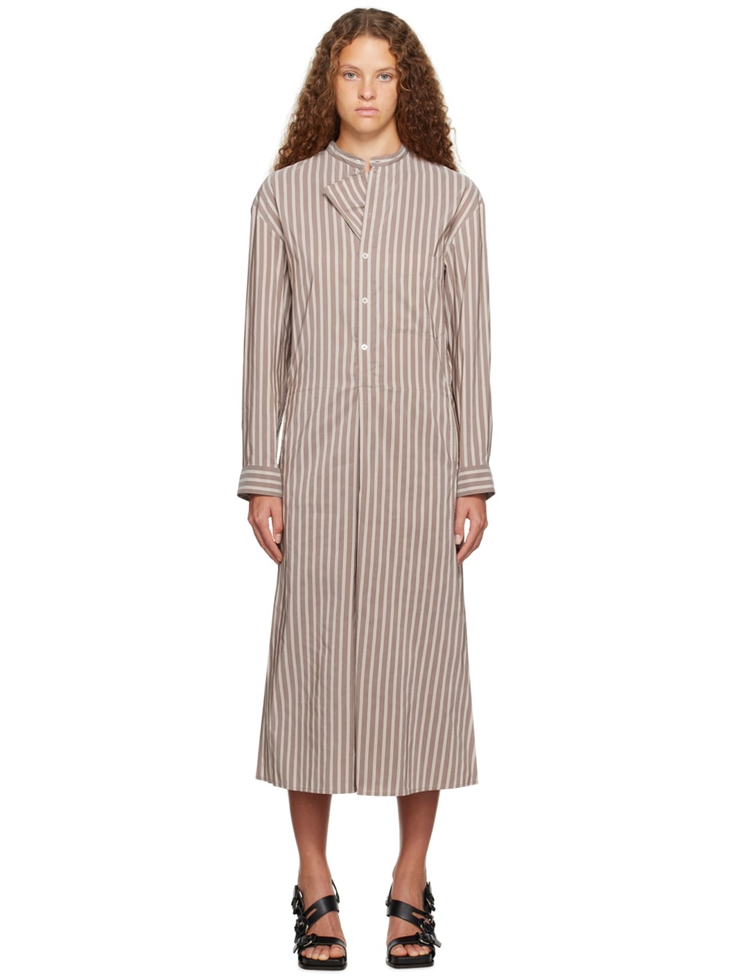 Brown Gusset Collar Midi Dress - 1