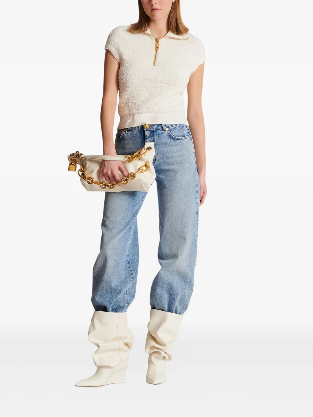 Zipped Short Sleeve Knit Tweed Top - 2
