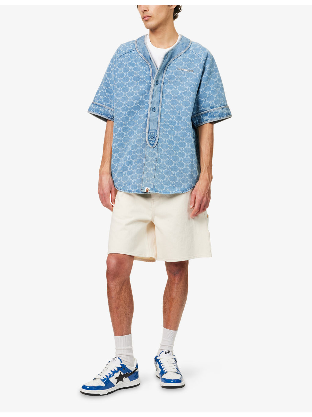 College Monogram Baseball Short-Sleeve Denim Shirt - 2