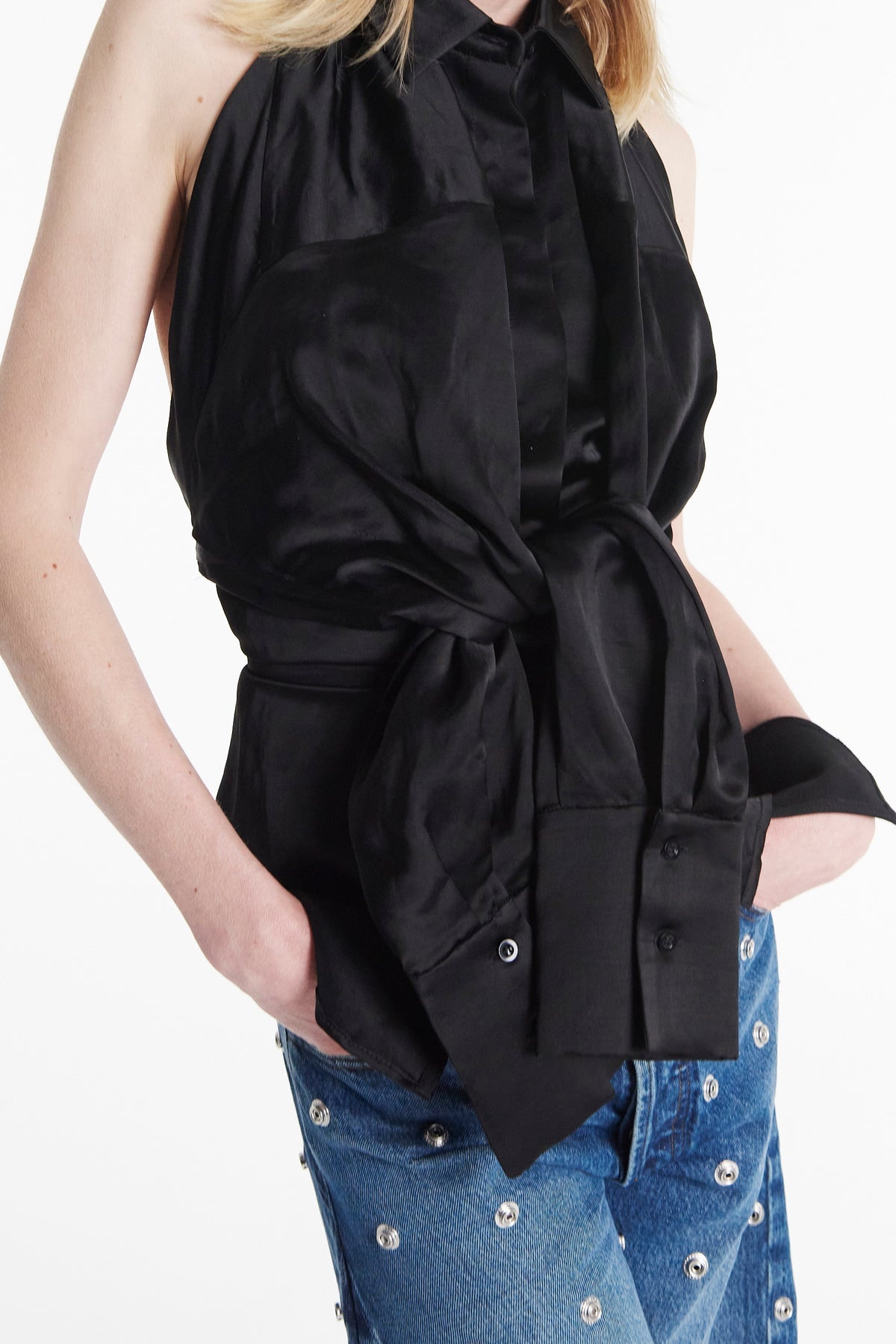 DECONSTRUCTED SHIRT HALTERNECK TOP BLACK - 6