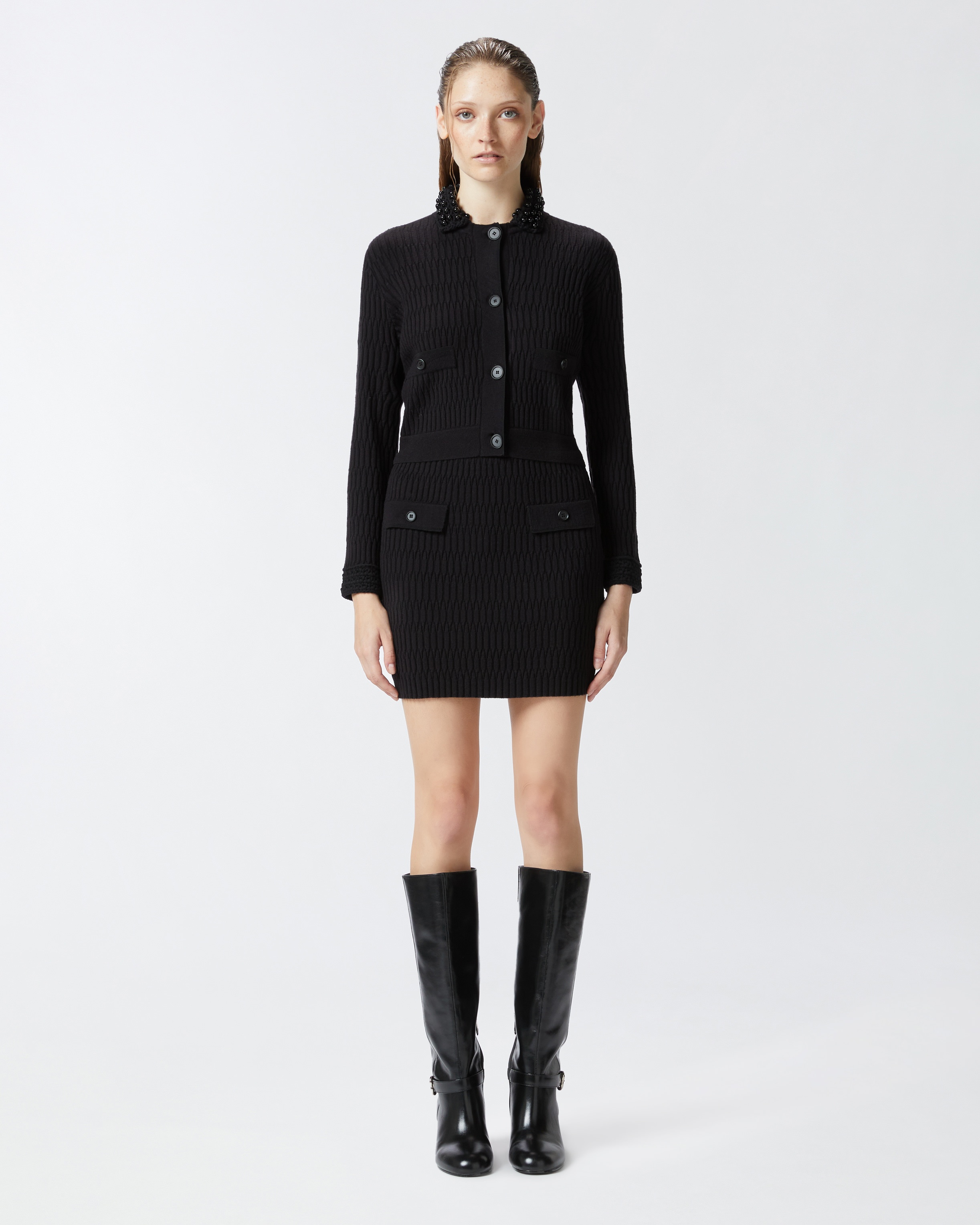 SHORT KNIT JACKET WITH BEADED CROCHETED COLLAR - 3