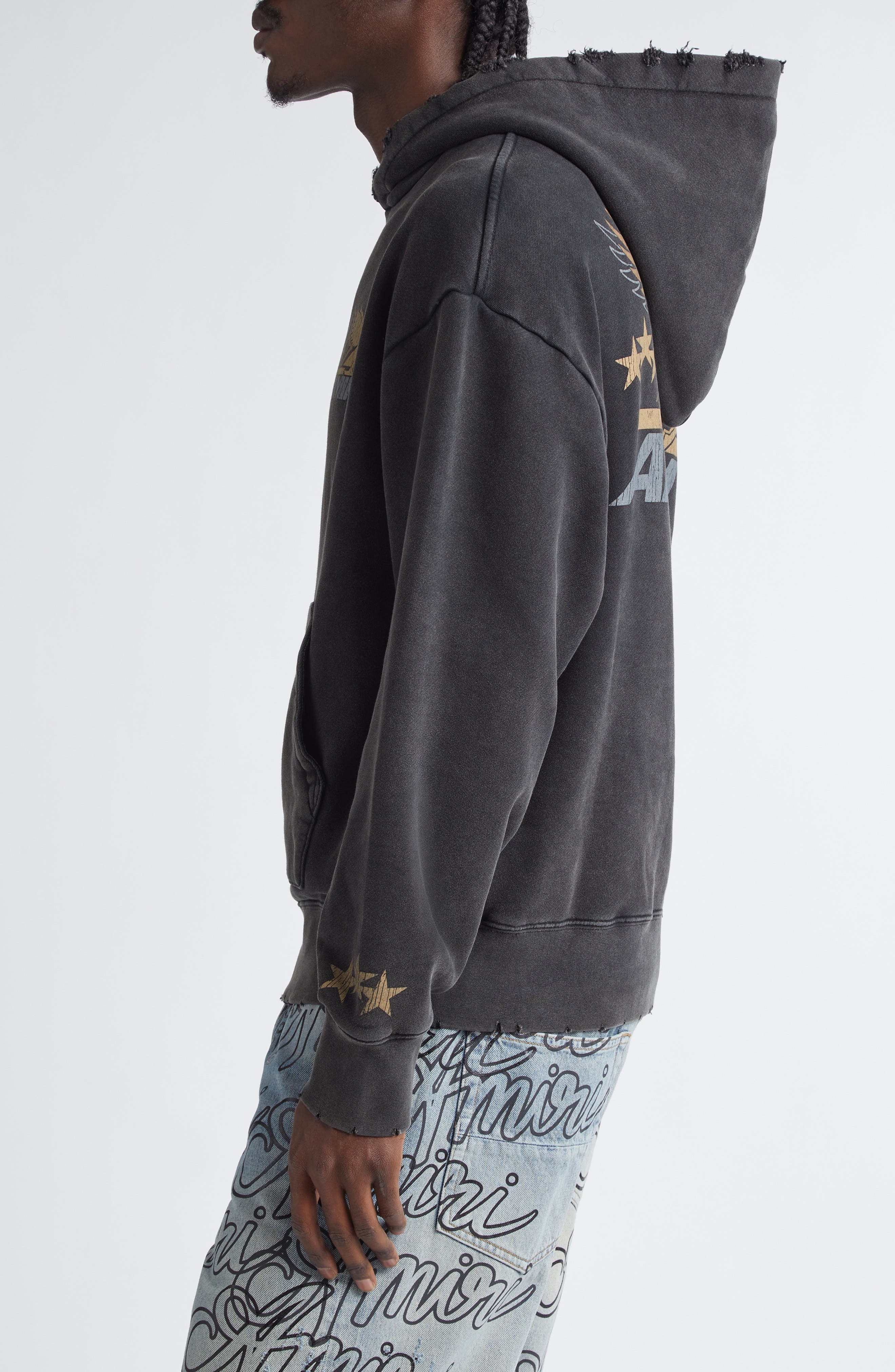 AMIRI Pegasus Distressed Cotton Graphic Hoodie in Black at Nordstrom - 3