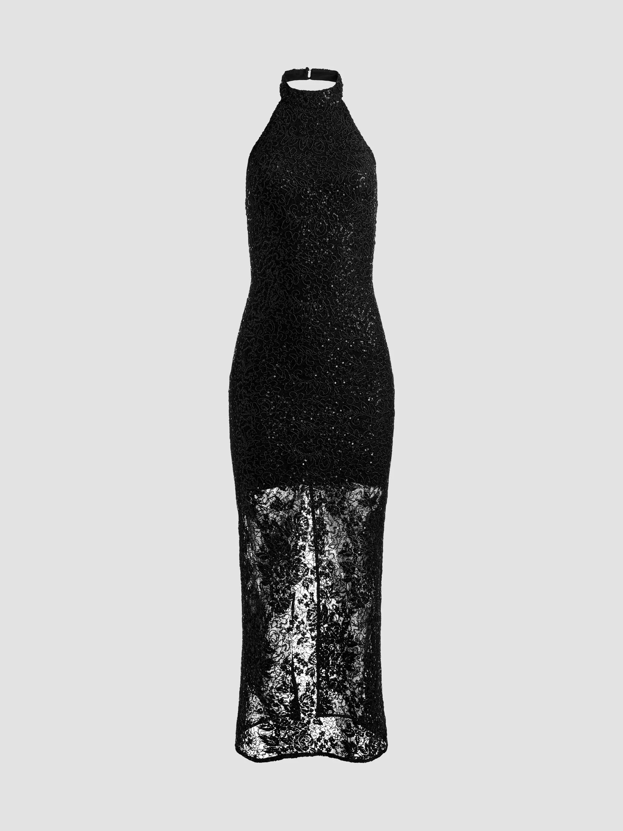 Women's Koi Sequined Lace Halter Maxi Dress - Black - 1