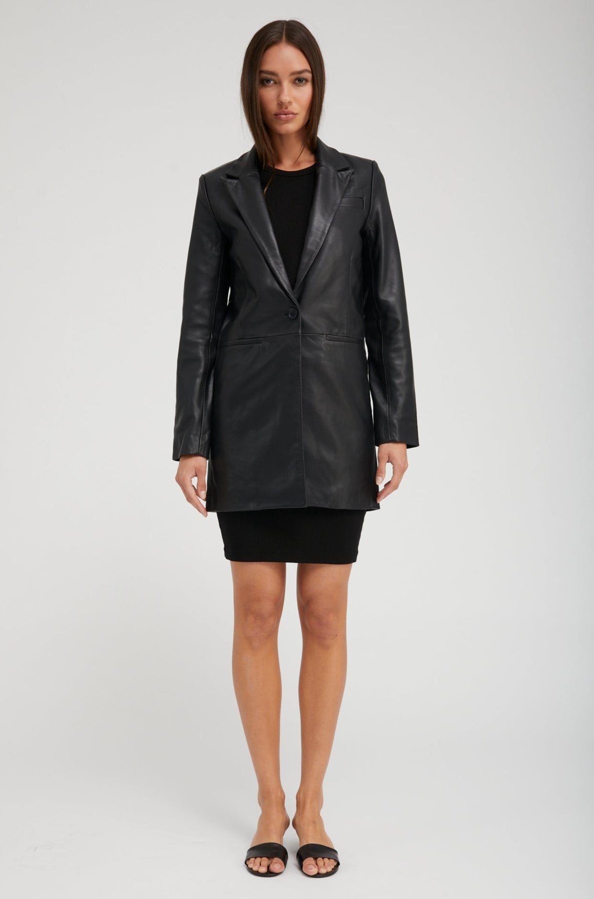 BLACK LEATHER BLAZER COAT - 6