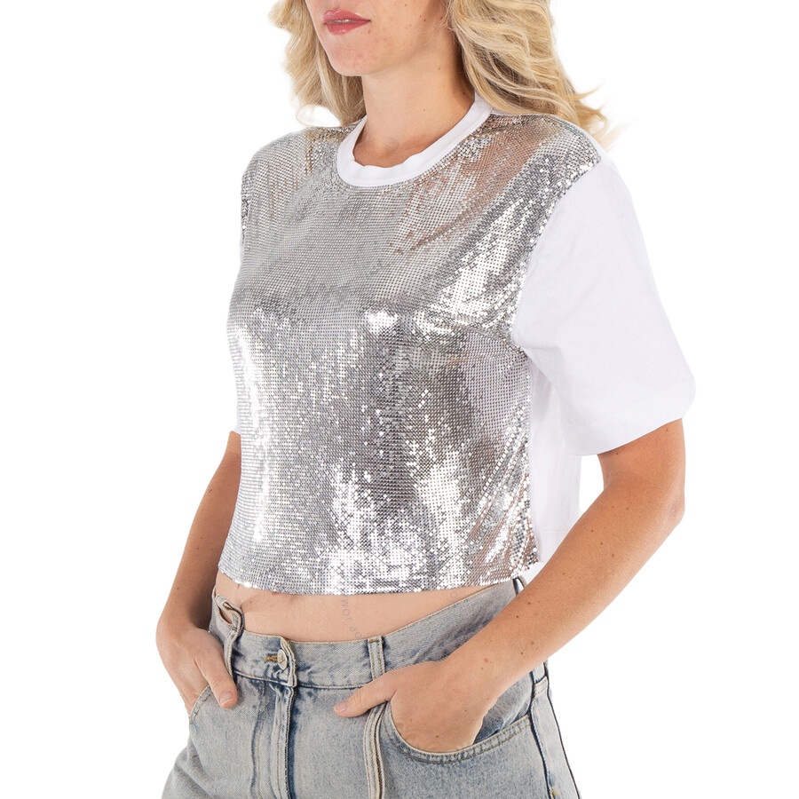 Rabanne Ladies Silver / White Metallic Mesh T-Shirt - 5
