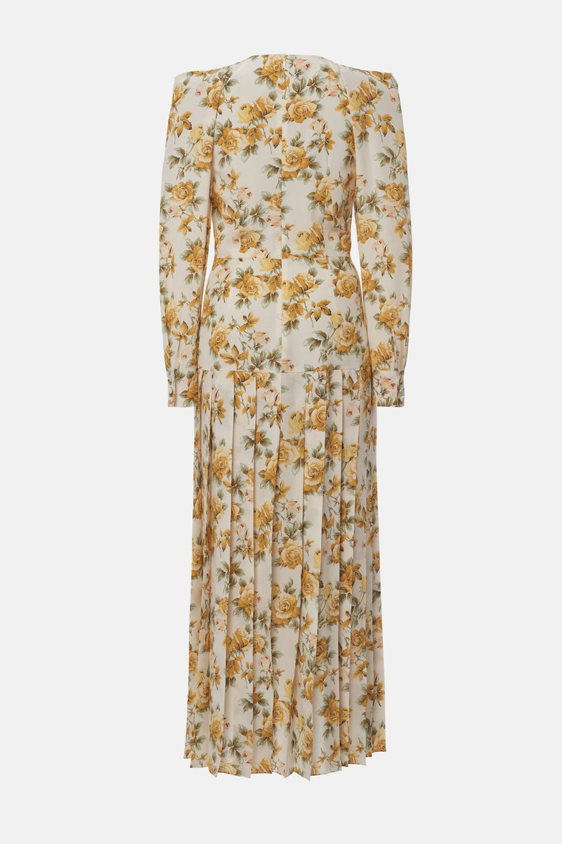 Alessandra Rich ROSE PRINT SILK PLEATED DRESS WITH BOW outlook