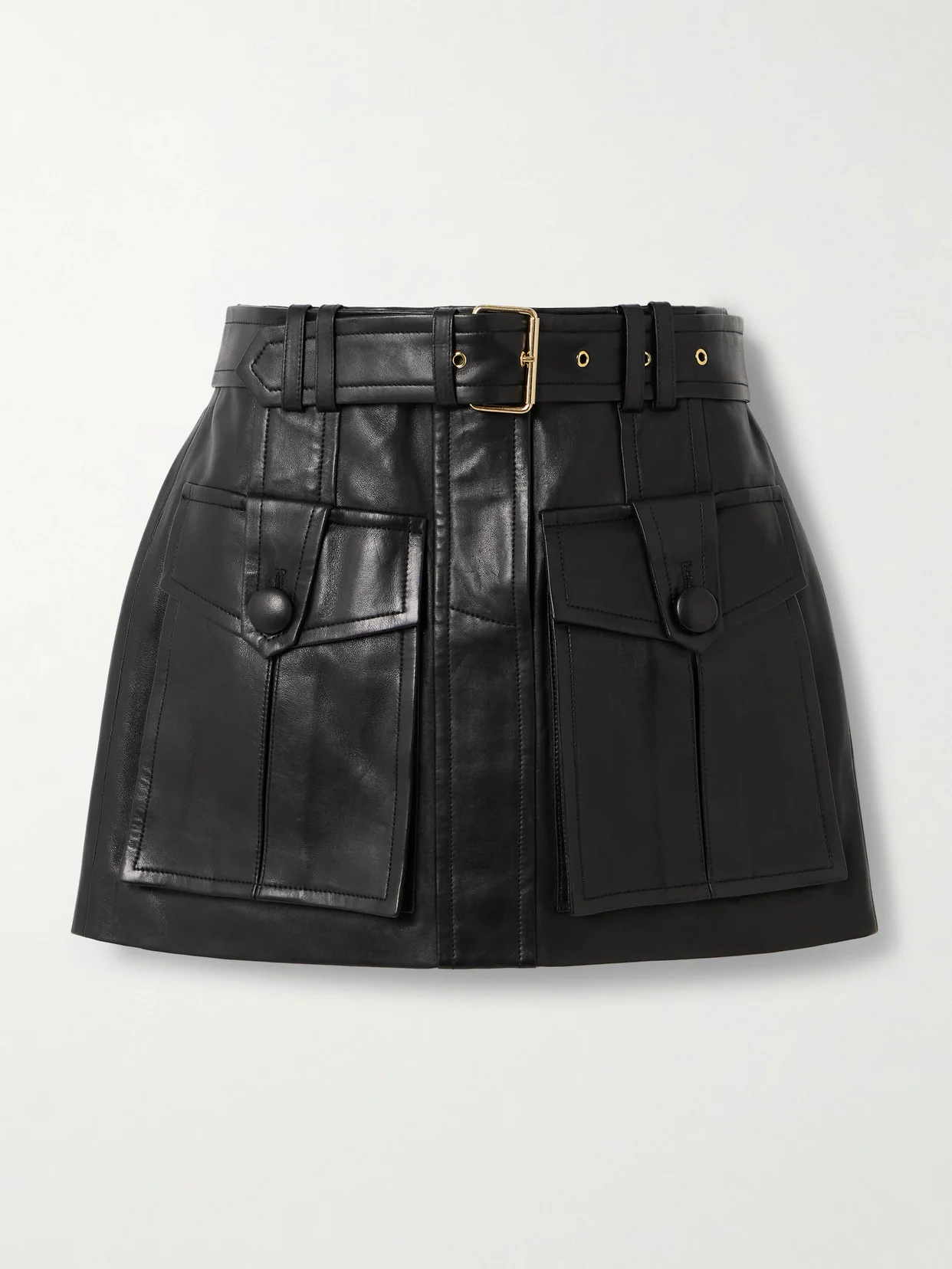 Belted Paneled Leather Mini Skirt - 1