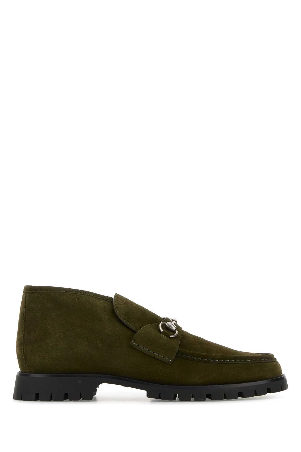 Gucci Men Olive Green Suede Loafers - 1