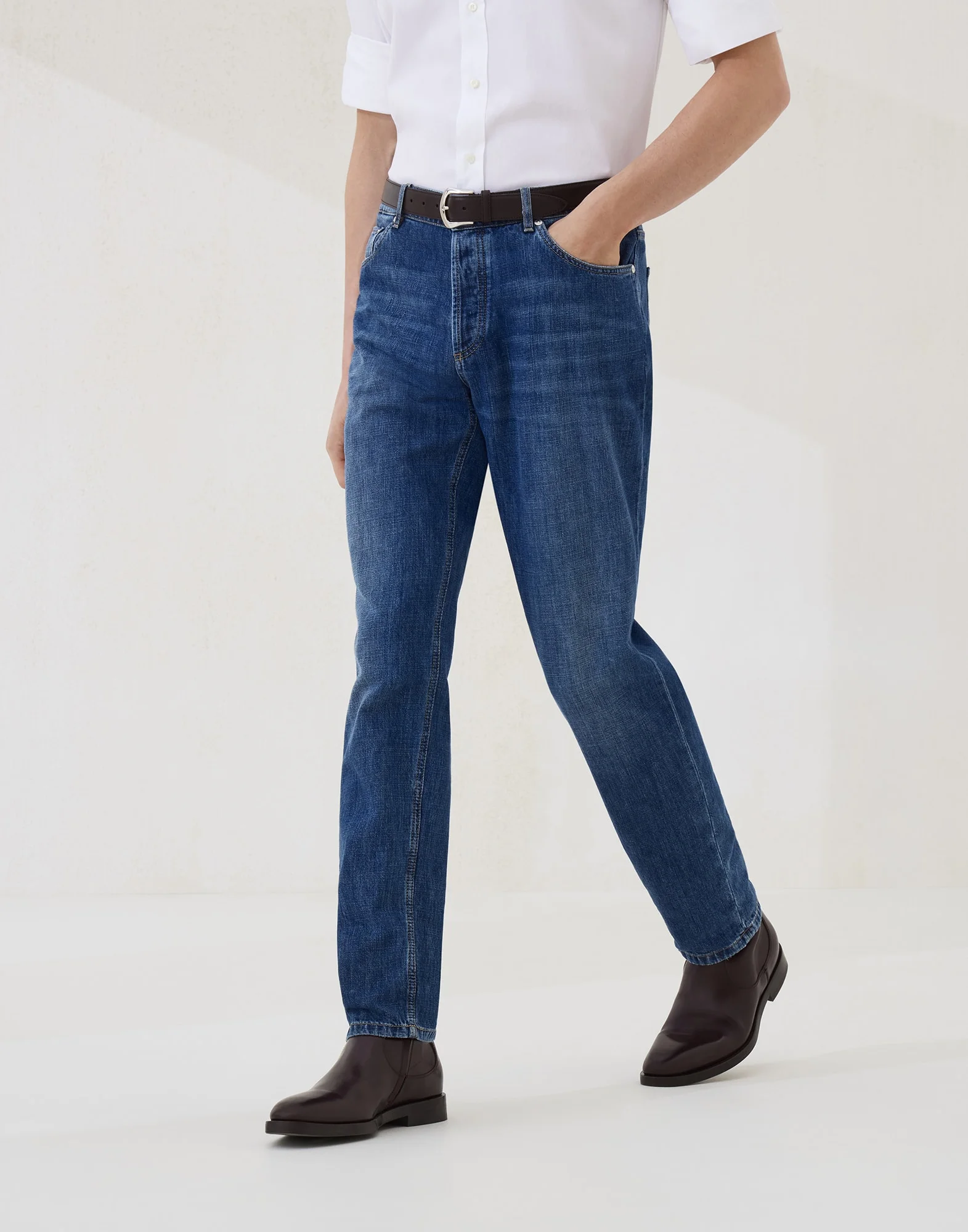 Lightweight denim traditional fit five-pocket trousers - 1