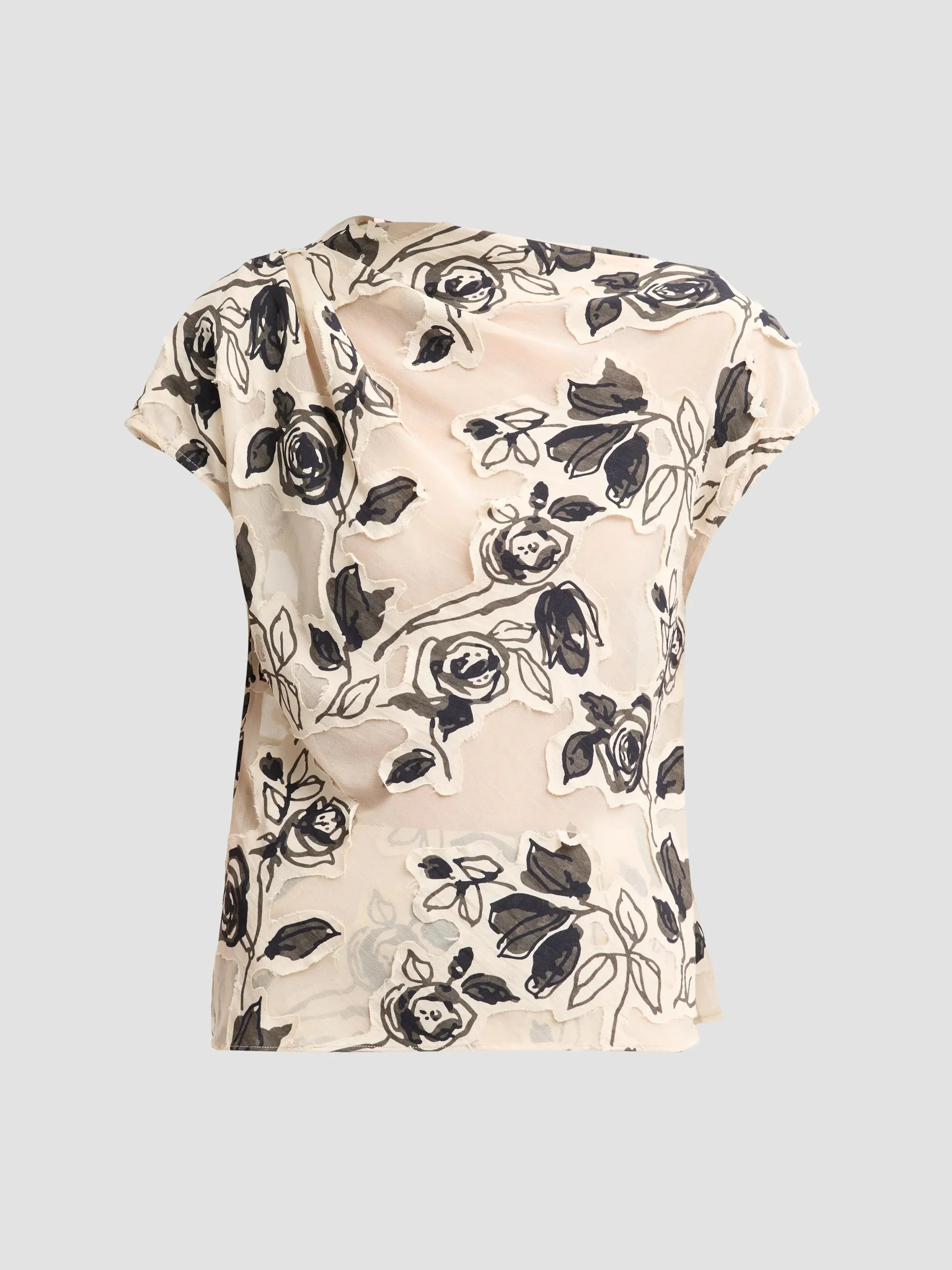 Women's Floral Burnout Chiffon Draped Top - Cream - 1