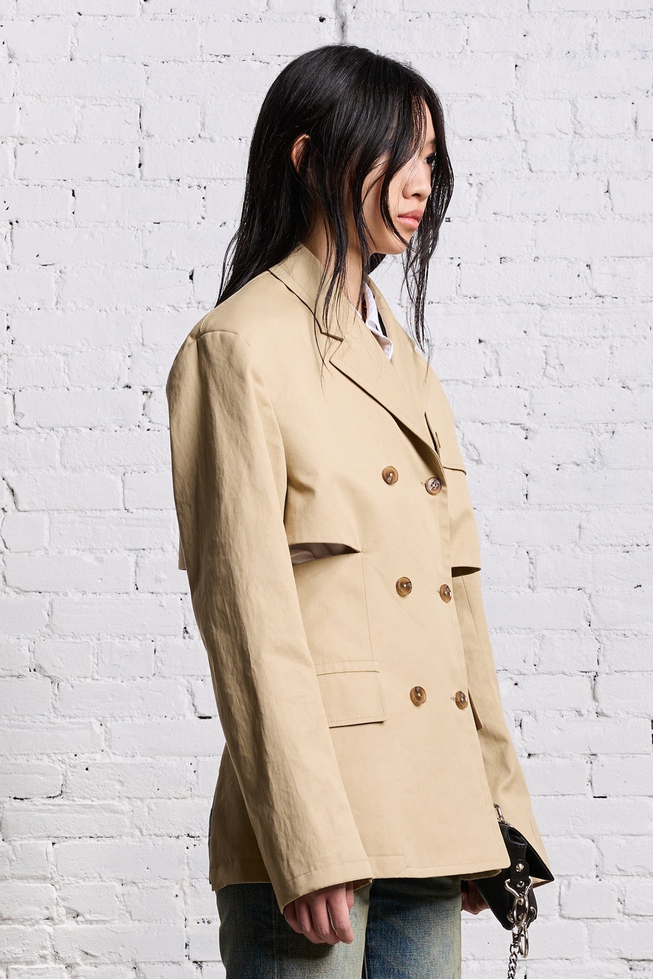 DOUBLE BREASTED OPEN BACK BLAZER - LIGHT KHAKI - 5