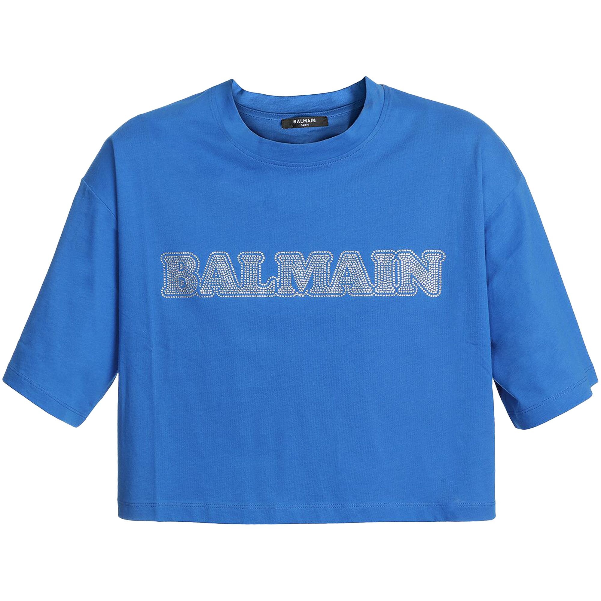 Balmain Cropped Rhinestone T-Shirt 'Cobalt/Crystal' - 1