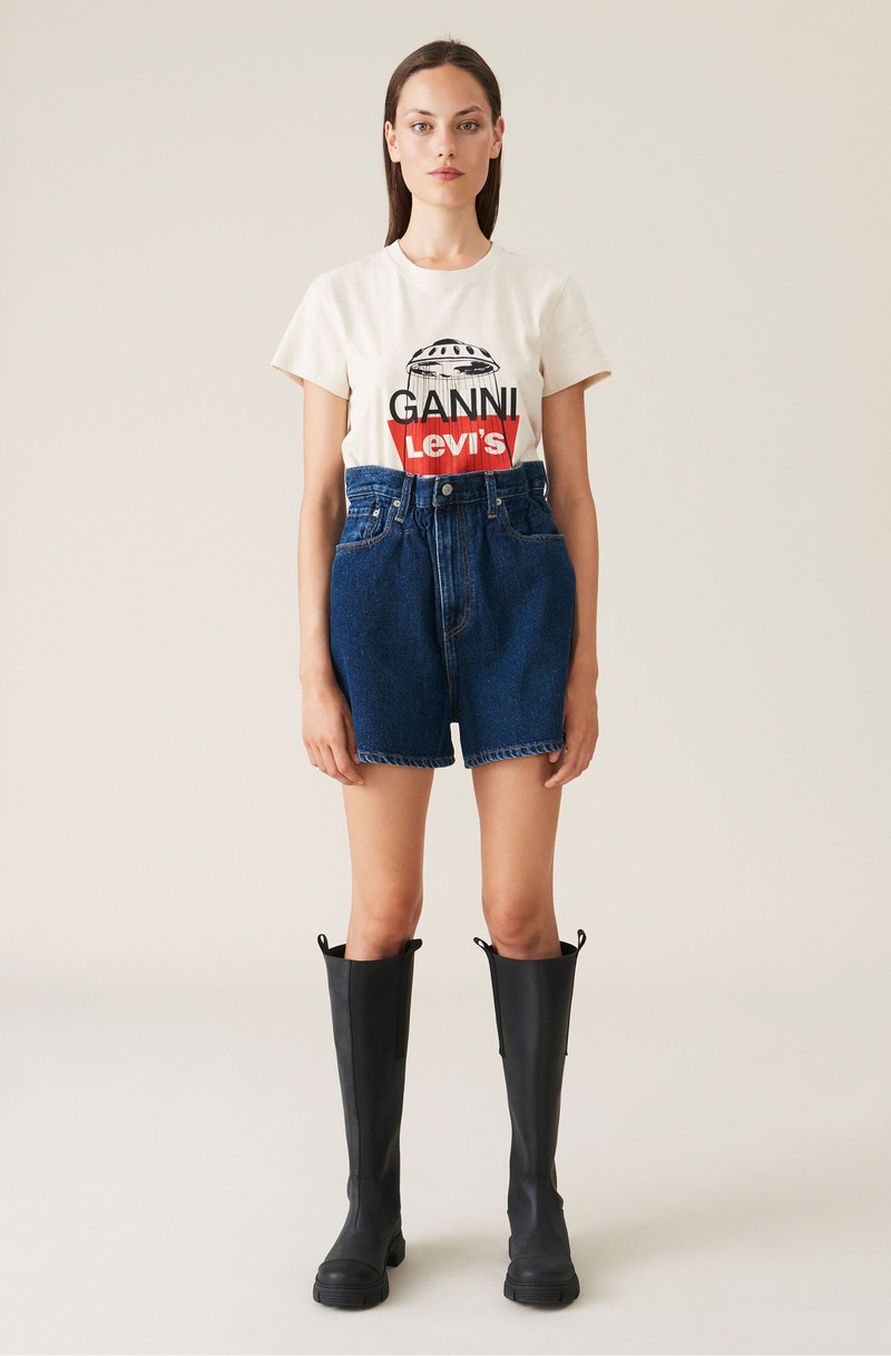 GANNI DARK INDIGO DENIM HIGH-WAISTED SHORTS outlook