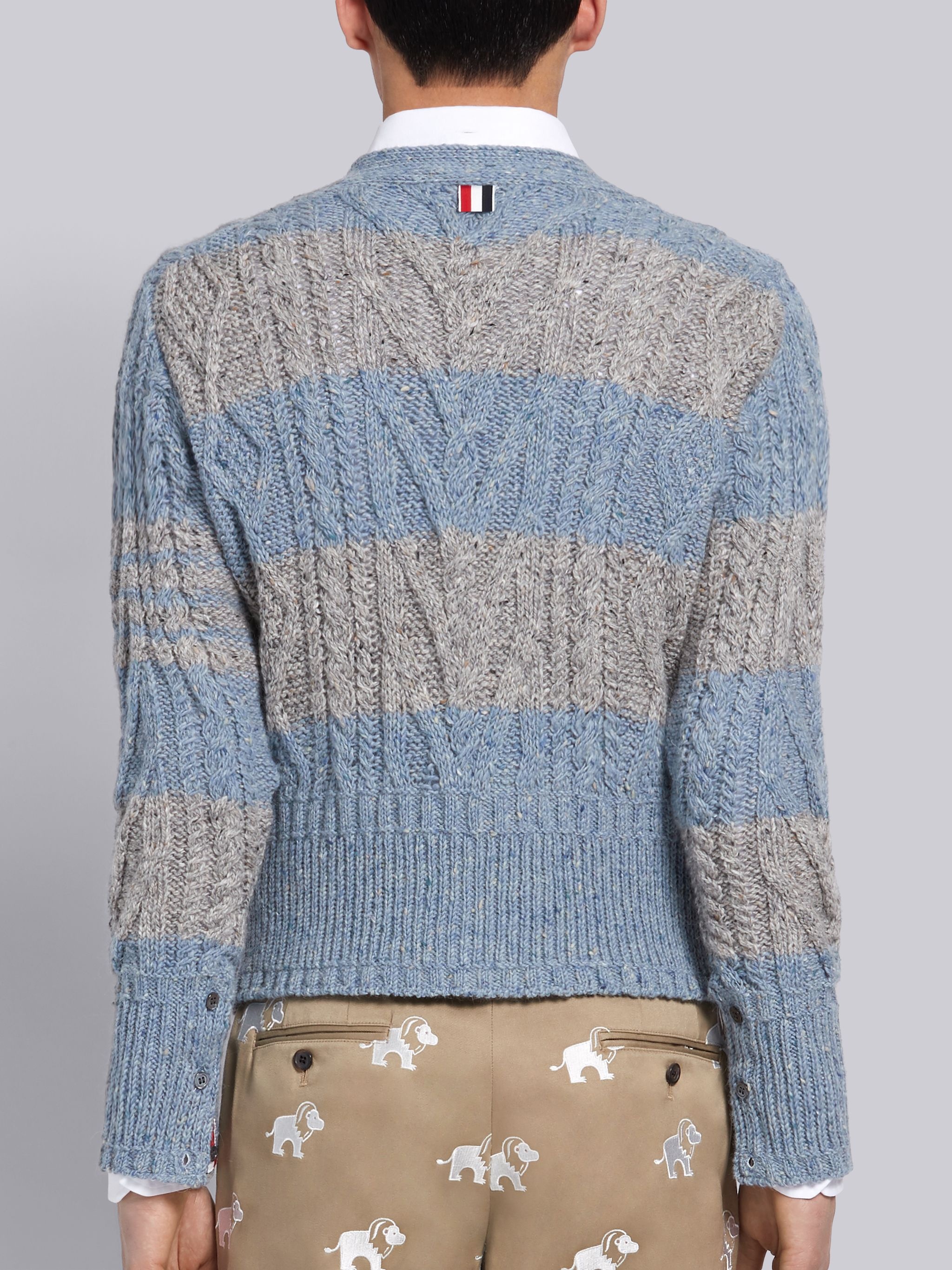 Light Blue Mohair Tweed Aran Cable Rugby Stripe V-neck Cardigan - 2