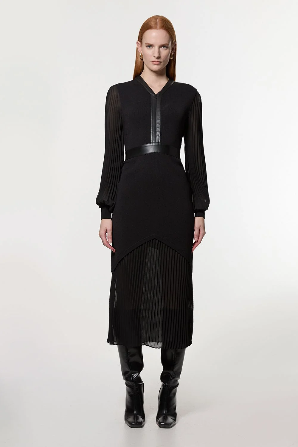Woven Sleeved Pleated Dress With Pu - 1