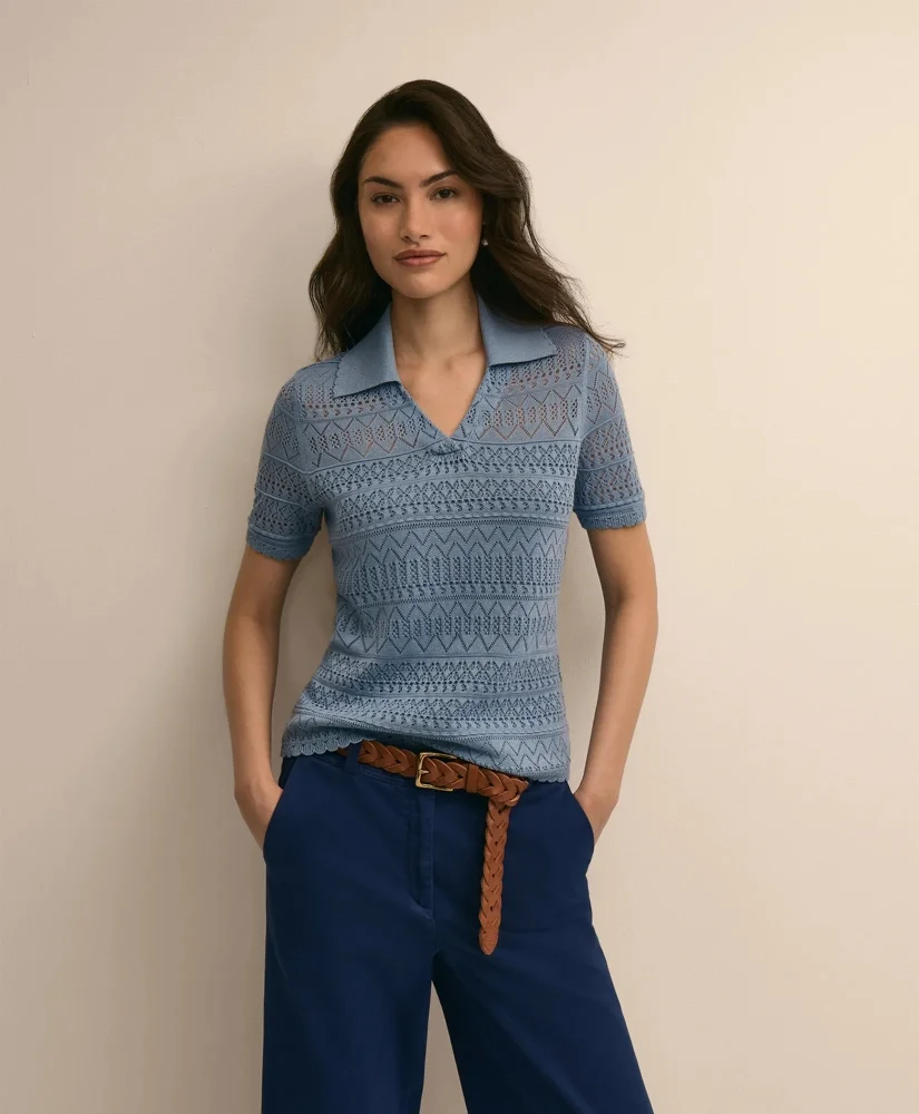 Silk-Cotton Short-Sleeve Johnny Collar Pointelle Sweater - 1