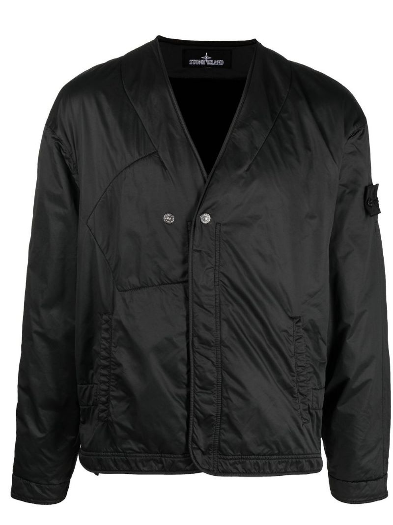 logo-patch collarless jacket - 1