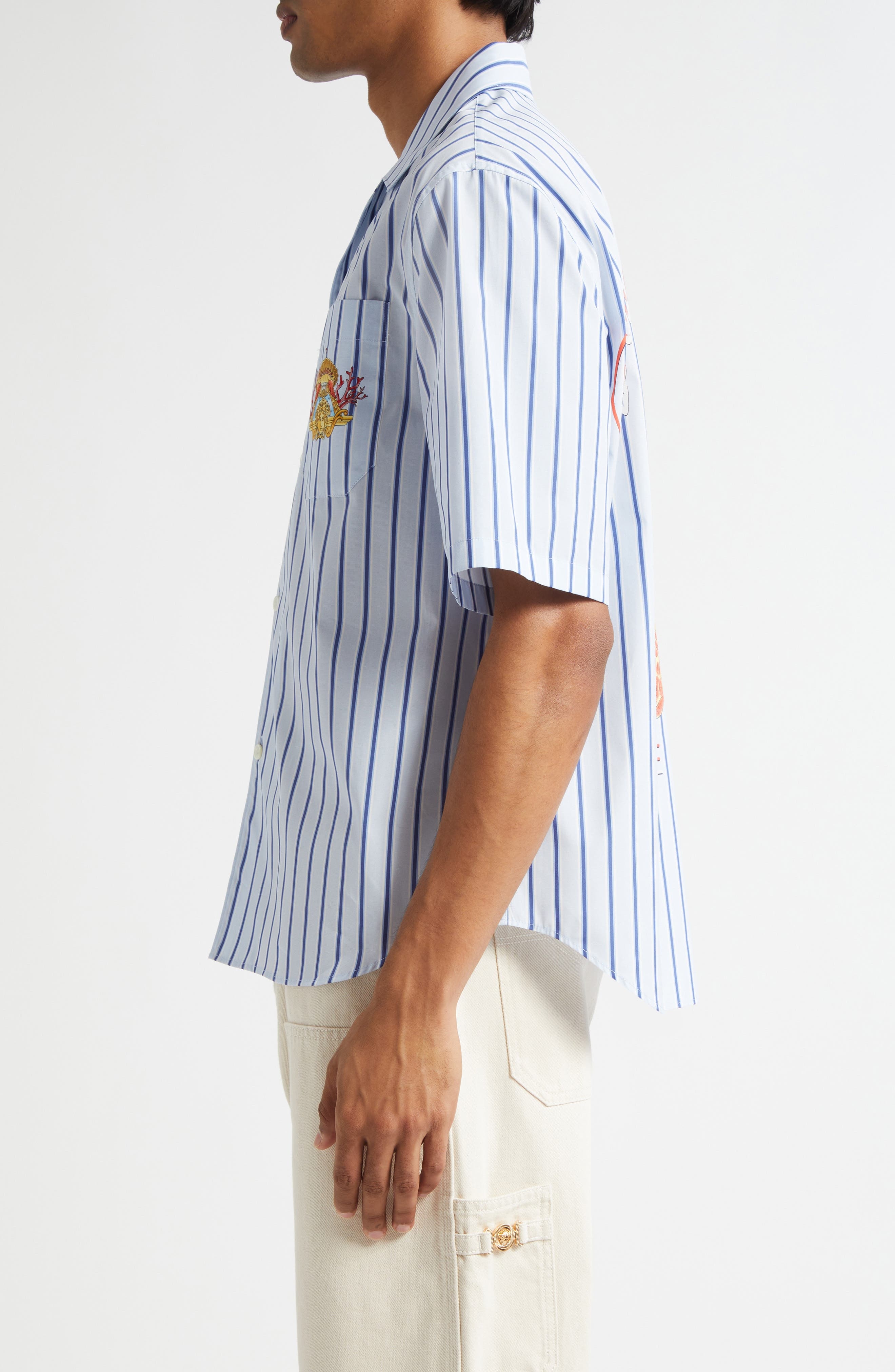 Versace Dive in Crest Cotton Poplin Camp Shirt in Blue Stripes Multi at Nordstrom - 3