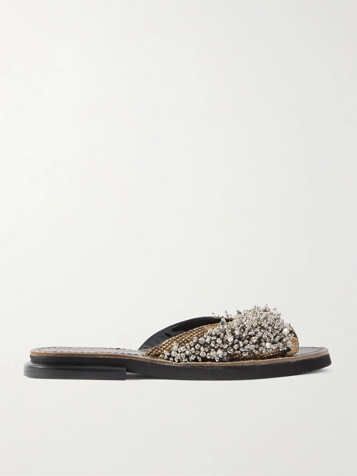 Embellished Snake-effect Leather Slides - 1