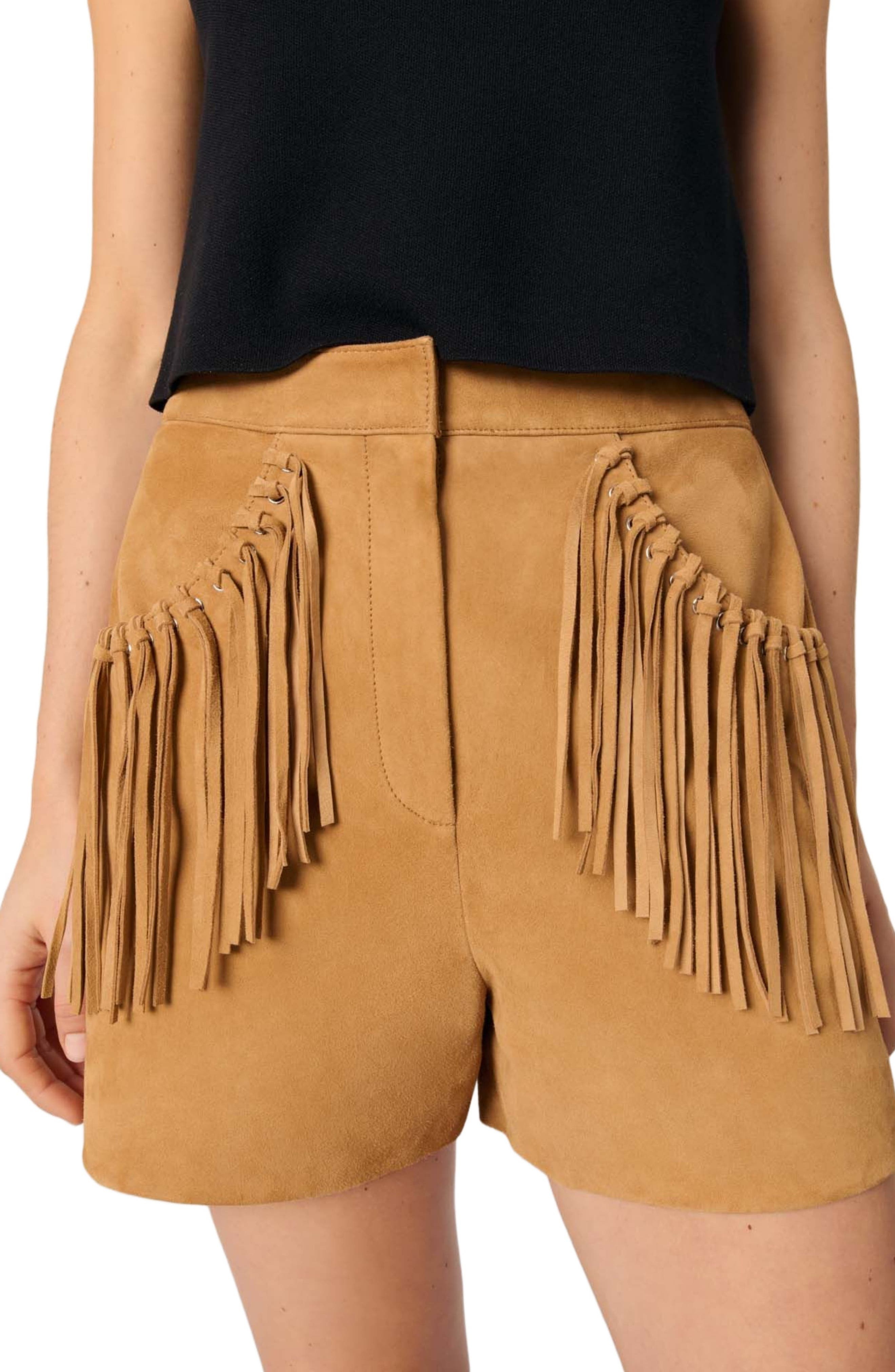 maje Fringed nubuck shorts in Beige at Nordstrom - 6