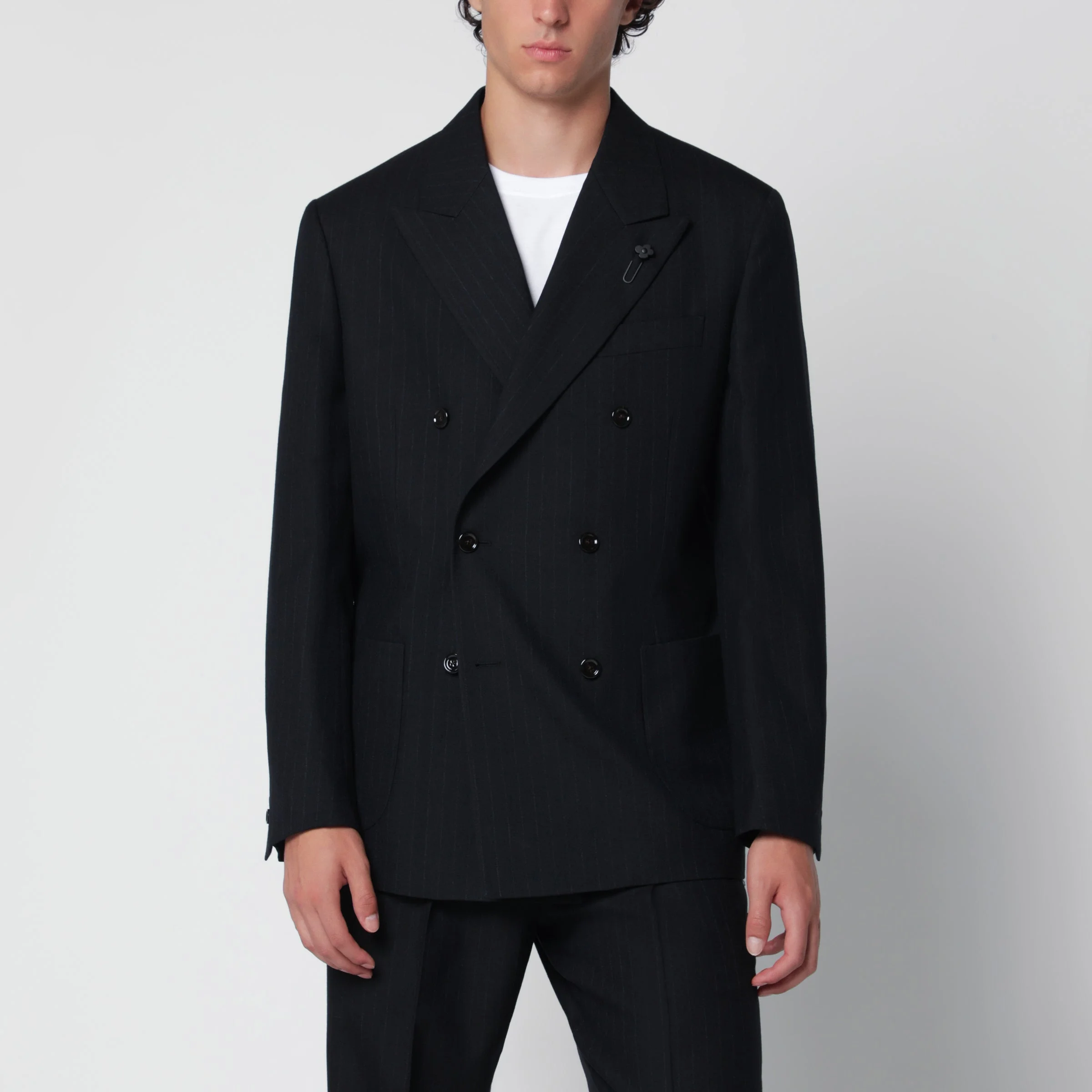 Blue double-breasted jacket in wool with pinstripe pattern - 1