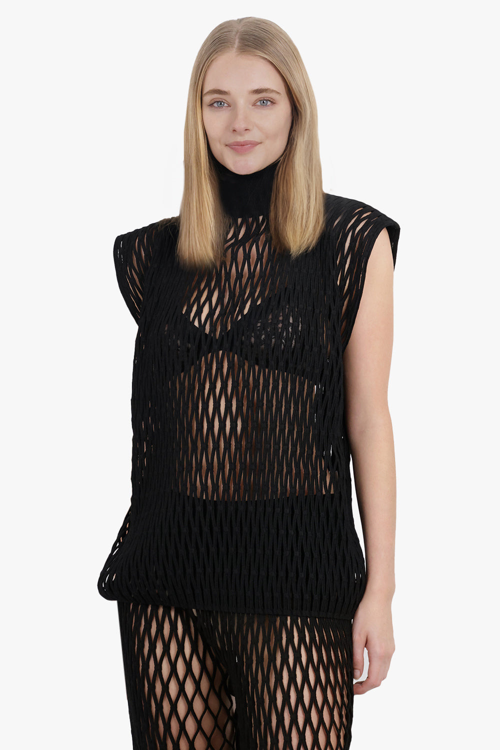 MACRAME KNIT HIGH NECK S/S TOP | BLACK - 8