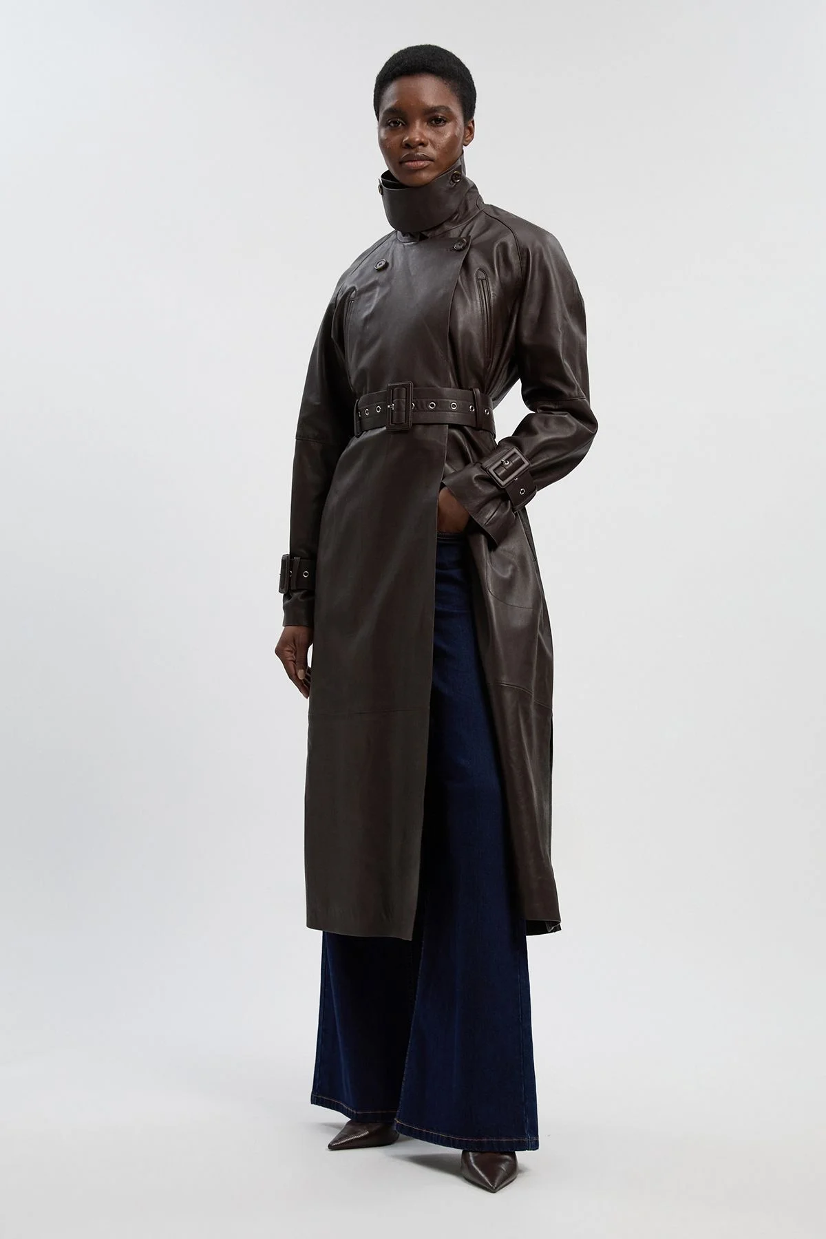 Petite Leather Belted Trench Coat - 1