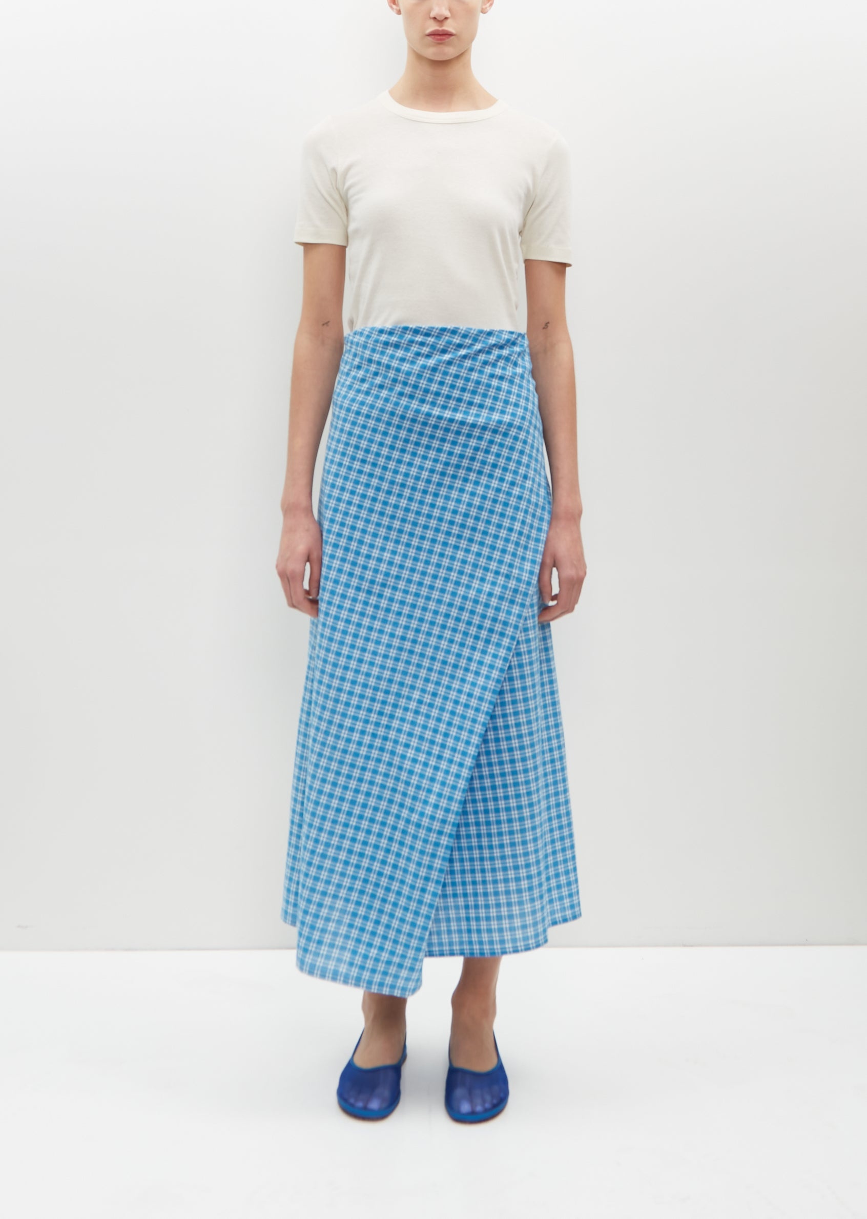Draped Wrap Skirt — Blue Plaid - 1