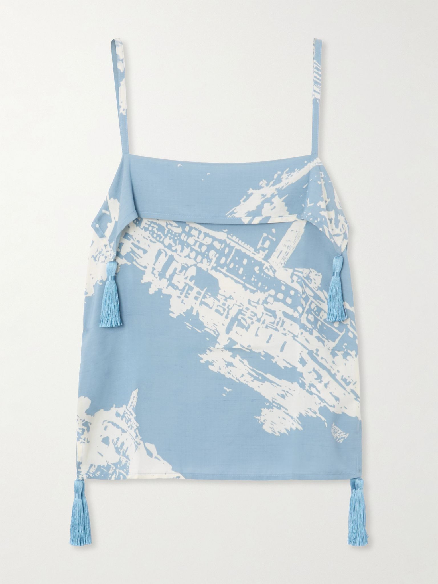 Tasseled printed silk and cotton-blend shantung tank Blue - 1