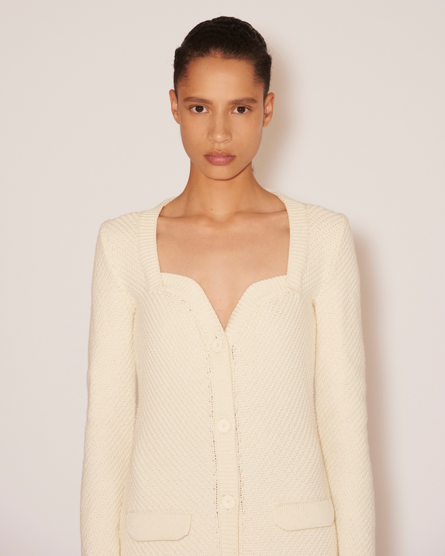 DANA - Cotton-tweed textured sweetheart neck dress - Creme - 6