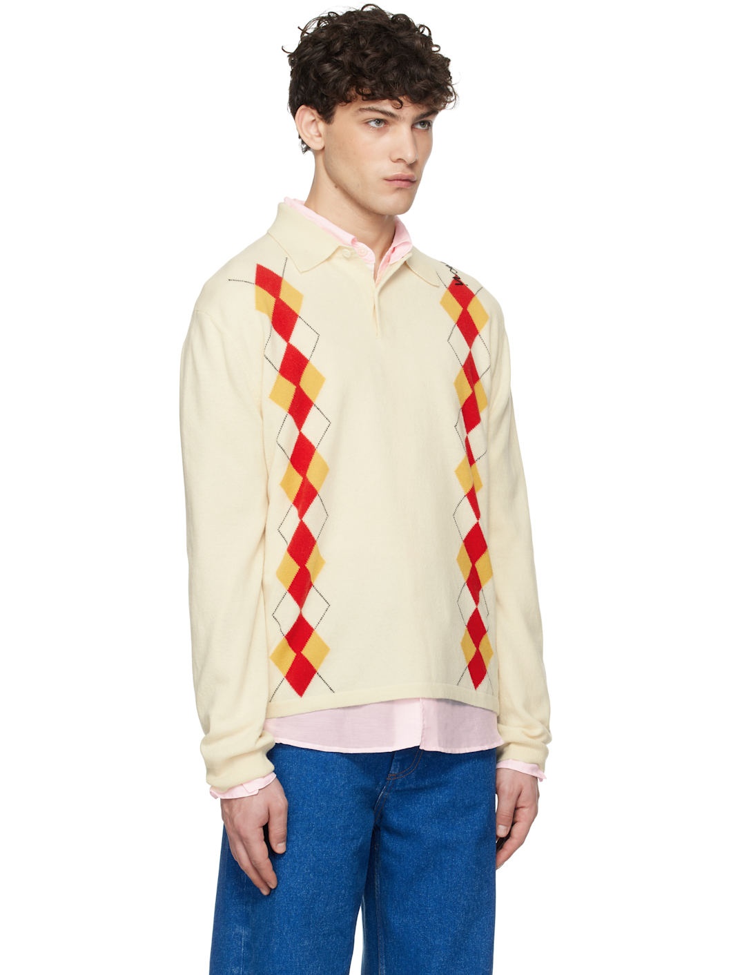 Off-White Intarsia Argyle Detail Long Sleeve Polo - 2