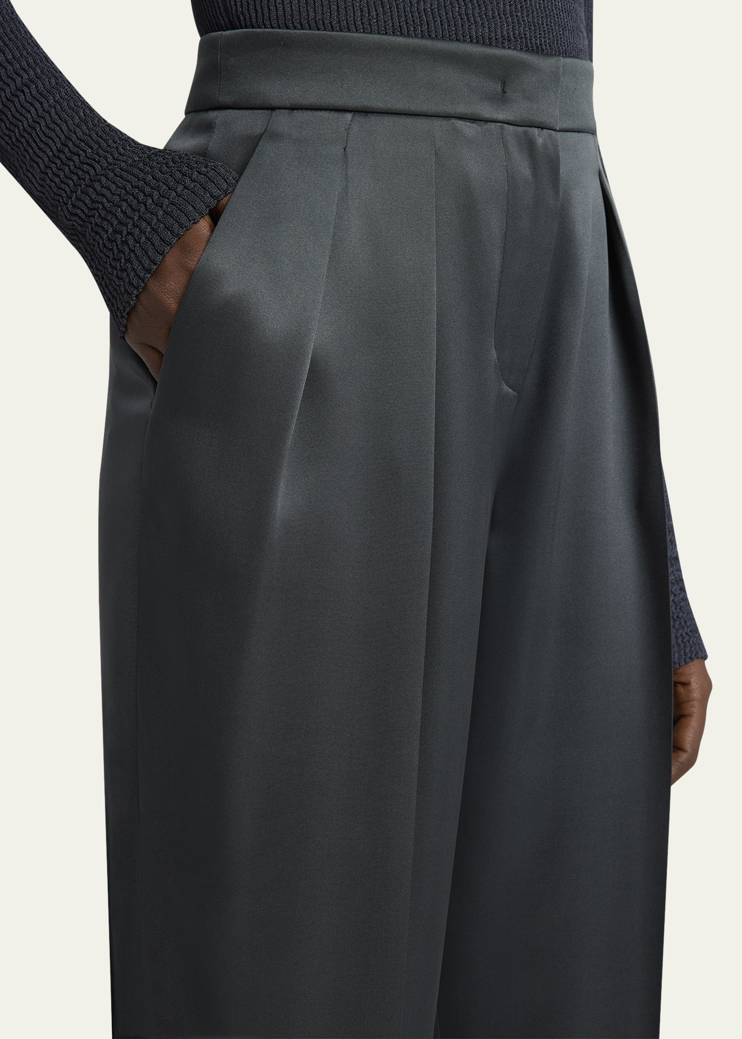 Silk Satin Pleated Straight-Leg Trousers - 5