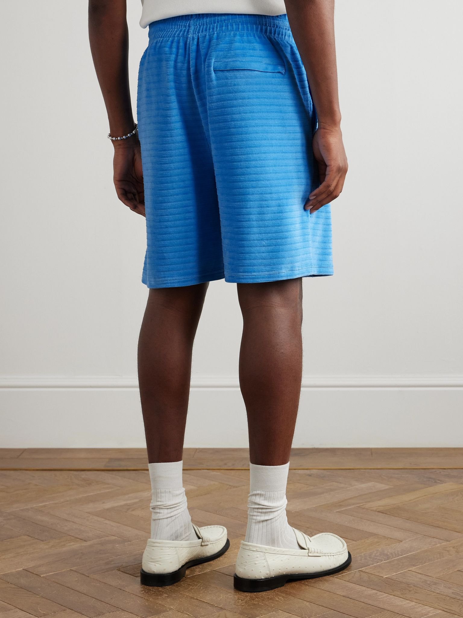 Straight-Leg Logo-Appliquéd Cotton-Blend Velour Shorts Blue - 4