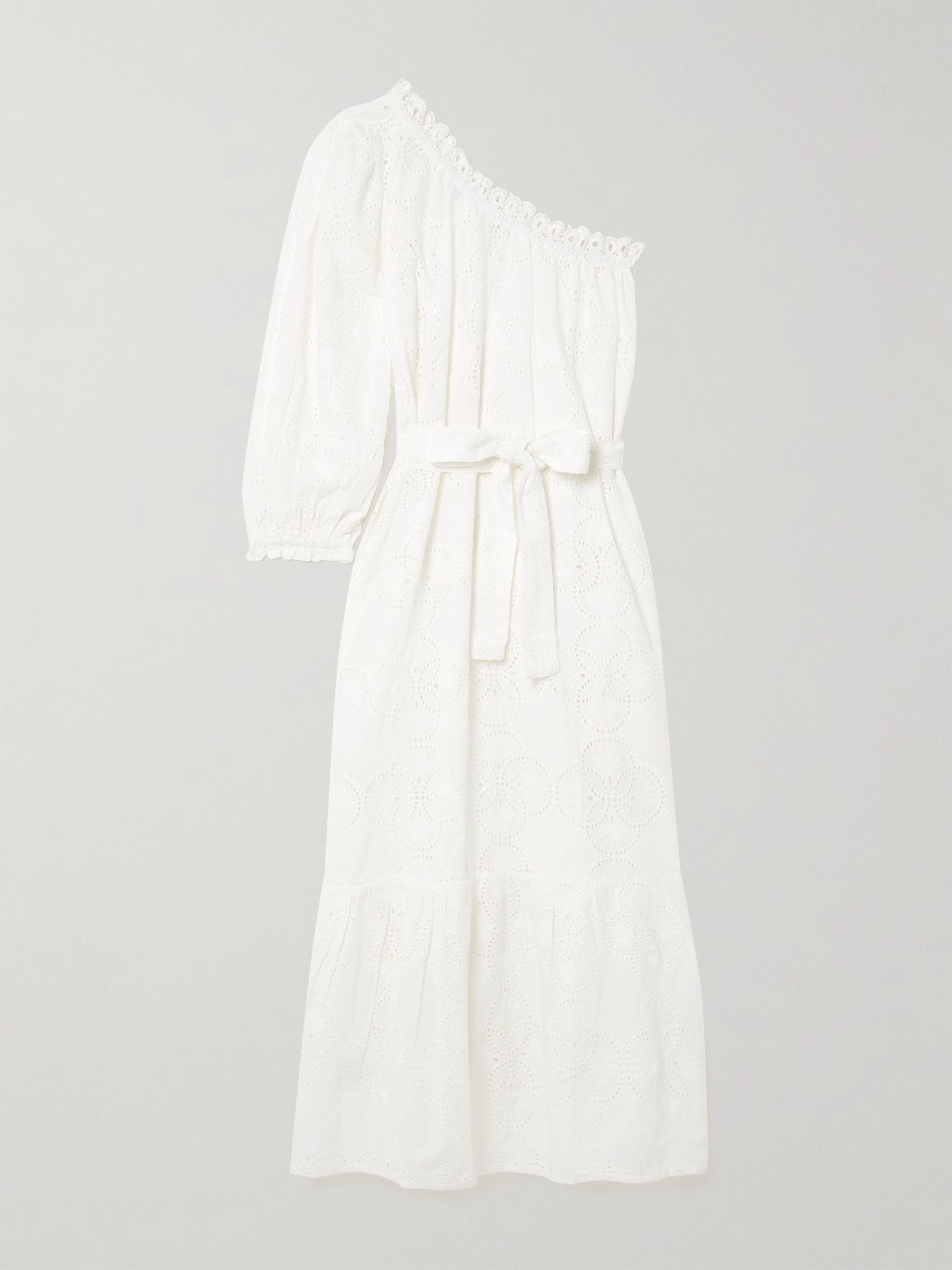 Autumn one-shoulder broderie anglaise cotton midi dress White - 1