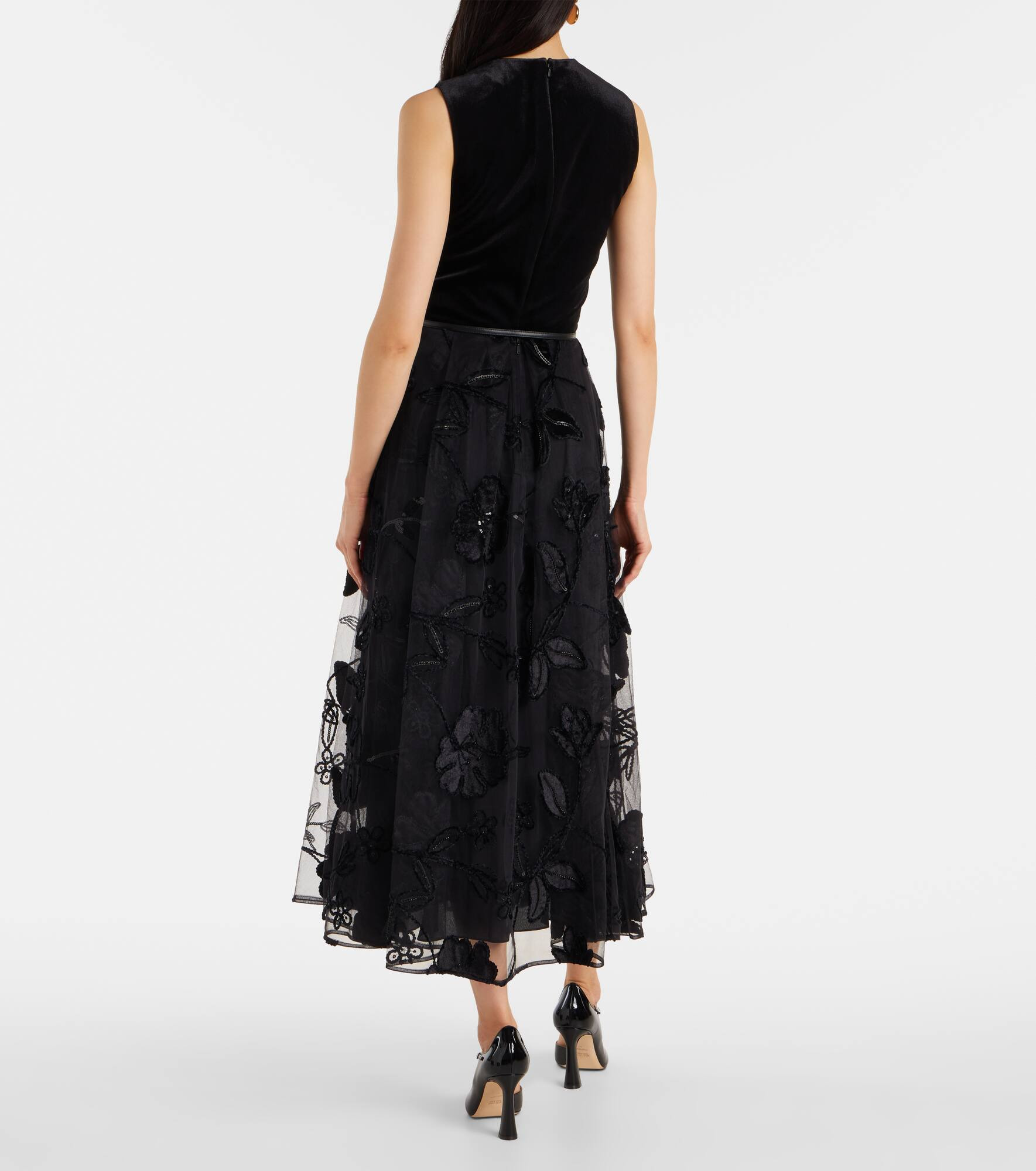 Embroidered tulle and velvet midi dress - 3